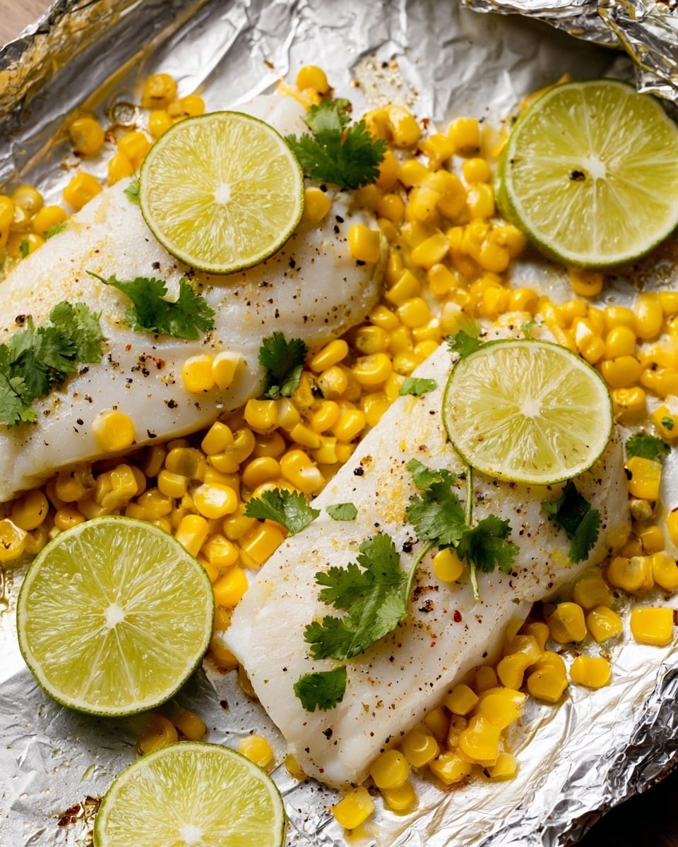 A close-up of cooked fish fillets placed on a bed of crinkled aluminum foil with a white marbled background, showing four layers: the bottom layer is tender white fish fillets, topped with green cilantro leaves scattered across, then a layer of bright yellow corn kernels spread evenly, and finally, thin round slices of lime with a light green edge lined neatly on top, all sprinkled lightly with black pepper. Photo taken with an iphone --ar 4:5 --v 7