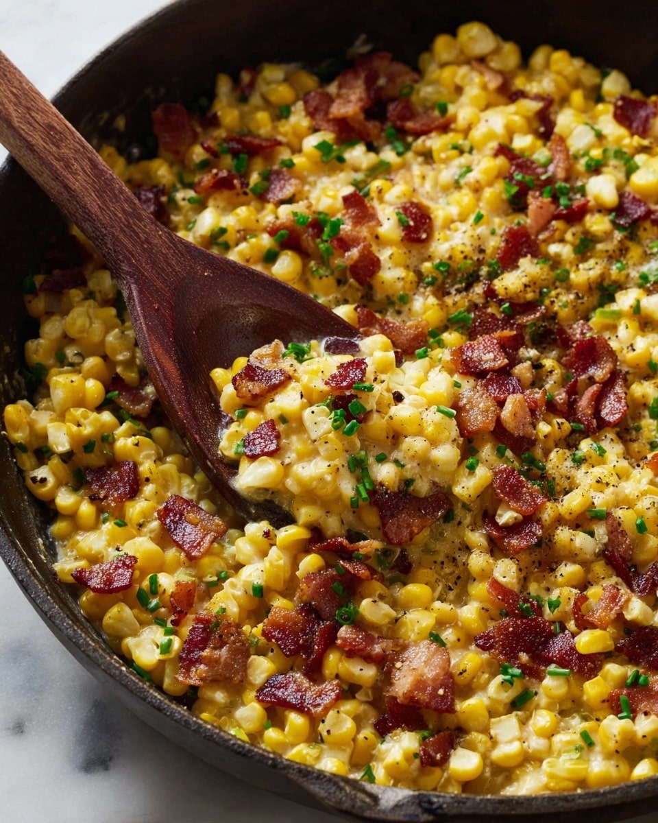 The image shows a close-up of a skillet dish filled with creamy cooked yellow corn kernels mixed with small green chives and pieces of crispy cooked reddish-brown bacon scattered evenly throughout. A wooden spoon with a rich dark brown handle is resting on the skillet, partially lifting some of the creamy corn mix, revealing a slightly glossy texture and specks of black pepper. The background is a clean white marbled surface. photo taken with an iphone --ar 4:5 --v 7