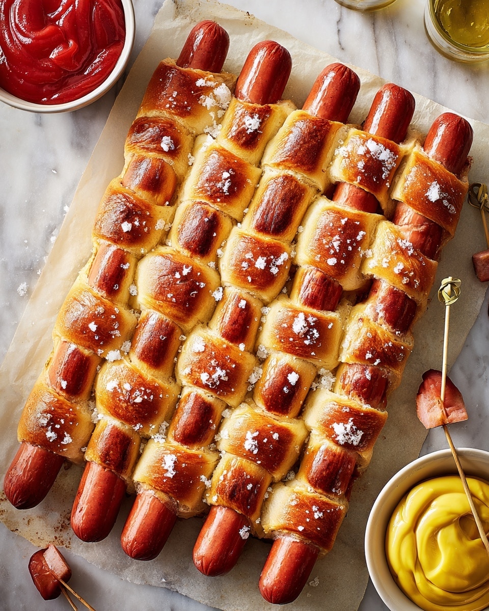 The dish shows six evenly spaced reddish-brown hot dogs laid horizontally, woven with golden-brown, shiny strips of baked dough that create a basket-weave pattern over the sausages. Each dough strip is thick, fluffy, and sprinkled with large white salt flakes, giving a crunchy texture. The hot dogs are placed on a white marbled surface lined with baking paper. Around the main dish, there is a white bowl filled with bright red ketchup on the bottom left and a white bowl with smooth yellow mustard on the right. A woman's hand is visible holding a toothpick with a small leafy green garnish. photo taken with an iphone --ar 4:5 --v 7