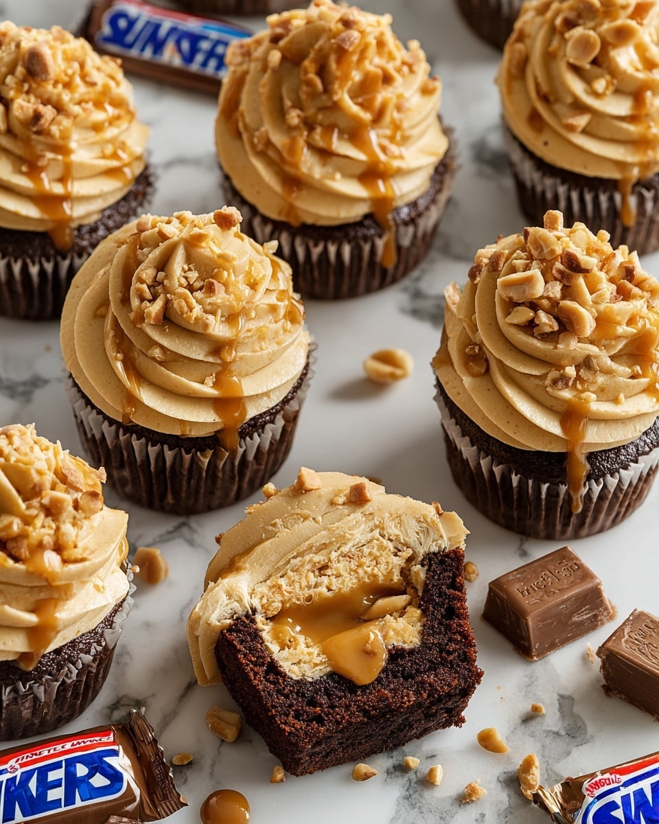 The image shows several cupcakes arranged on a white marbled surface, each cupcake having three layers: a dark brown cupcake base, topped with a thick swirl of creamy light brown frosting, and sprinkled with chopped peanuts and drizzled caramel sauce on top. One cupcake is cut in half, revealing a gooey caramel filling inside the middle of the base, with frosting on top, and some caramel oozing onto the surface. Scattered peanuts and a small wrapped Snickers chocolate are also visible around the cupcakes. Photo taken with an iphone --ar 4:5 --v 7