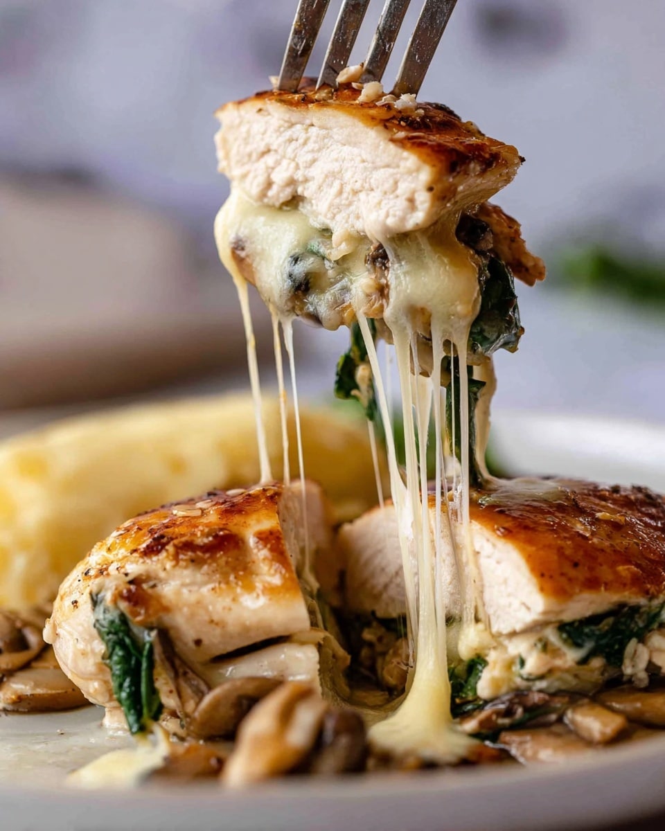 The image shows a close-up of a fork lifting a piece of cooked chicken breast with a golden brown surface and a juicy white inside. Between two layers of chicken there is melted white cheese stretching down in long, gooey strings, along with some dark green spinach and sautéed brown mushrooms adding texture and color. The chicken sits on a white plate with a blurred background of some light-colored food, all on a white marbled surface. photo taken with an iphone --ar 4:5 --v 7