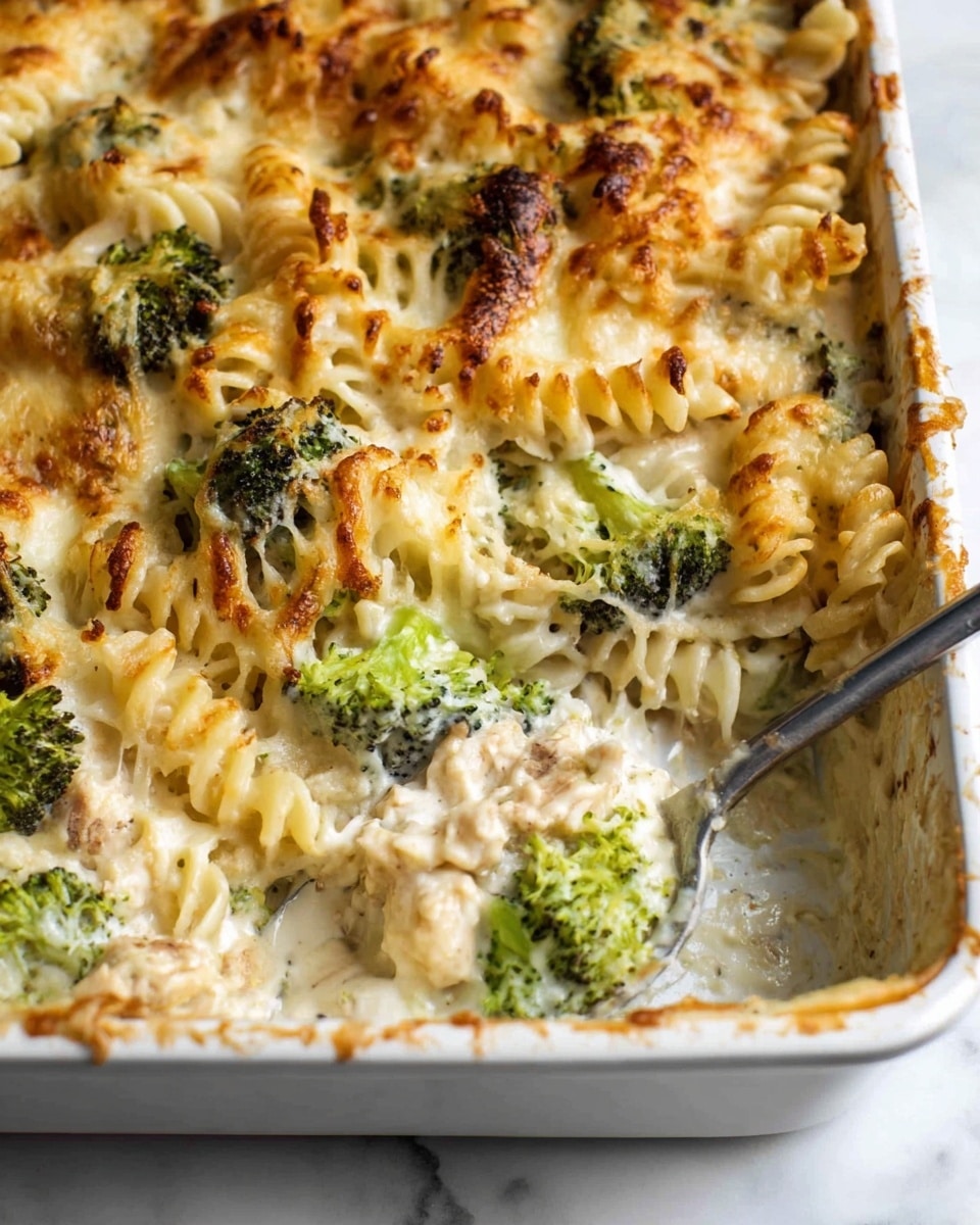 The image shows a close-up of a creamy broccoli pasta bake in a white rectangular casserole dish. The dish has about three layers: the bottom layer is a thick white sauce mixed with pasta and small bits of cooked chicken, the middle layer has bright green broccoli florets nestled among creamy pasta spirals, and the top layer is golden brown melted cheese with slightly charred spots and a bubbly texture. A metal serving spoon scoops a portion from the corner, revealing the creamy layers under the browned top. The dish sits on a white marbled surface photo taken with an iphone --ar 4:5 --v 7