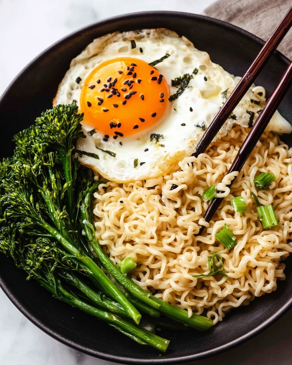 A black bowl filled with three main layers: at the bottom, pale yellow cooked noodles mixed with small green onion pieces, showing a soft and slightly shiny texture; to the right, dark brown wooden chopsticks rest on the noodles, slightly lifting them; on the top left, a fried egg with a bright orange runny yolk and white edges sprinkled with small black sesame seeds; behind the egg, vibrant green broccolini with a fresh and slightly shiny look. The bowl sits on a white marbled surface photo taken with an iphone --ar 4:5 --v 7