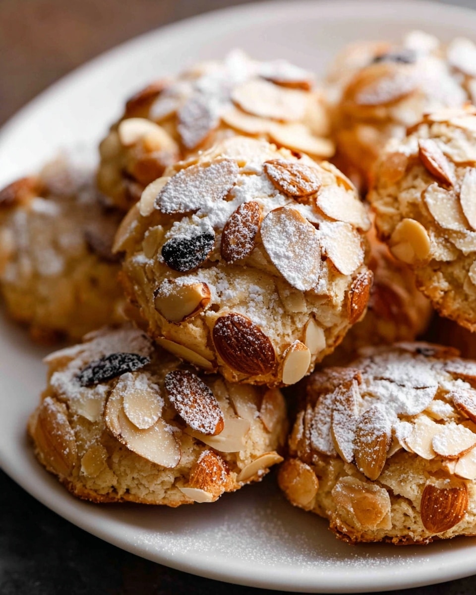 A close-up view of several small round cookies covered with sliced almonds, stacked closely together on a white plate. Each cookie has a golden-brown texture with toasted almond slices all over the surface, dusted lightly with powdered sugar that adds a soft white contrast. The cookies have uneven, slightly rough edges with some darker spots where the almonds are more toasted. The white plate sits on a white marbled texture surface, highlighting the warm tones of the baked cookies. Photo taken with an iphone --ar 4:5 --v 7