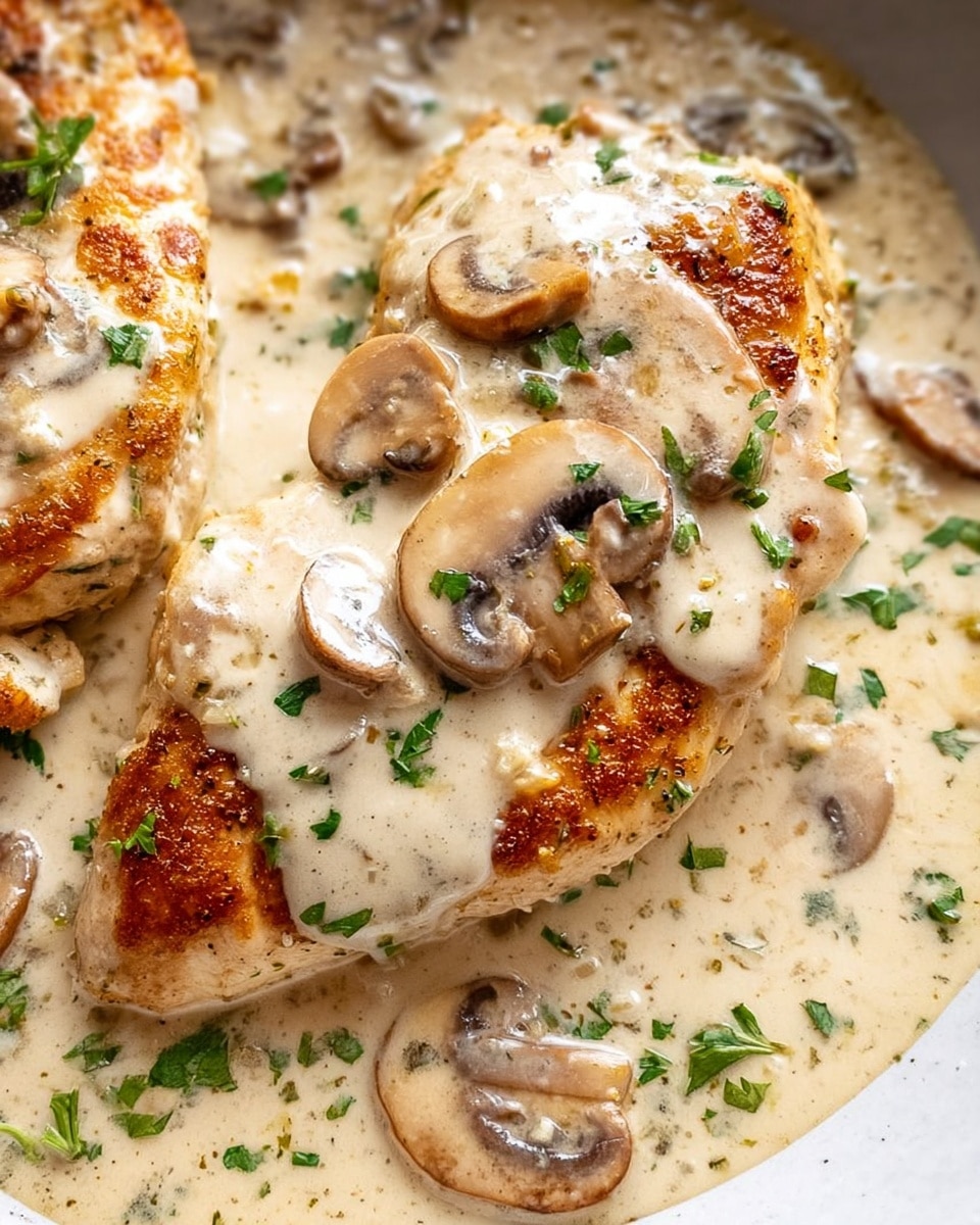 A close-up of two golden brown pan-seared chicken breasts covered with a creamy sauce filled with sliced light tan and brown mushrooms. The sauce is smooth and thick, creamy white with hints of beige, and sprinkled with small green parsley bits. The chicken pieces are slightly textured from the sear, and the mushrooms are tender, floating in the sauce that pools around and over the chicken, creating a rich, comforting look. The dish is placed on a white marbled surface. photo taken with an iphone --ar 4:5 --v 7