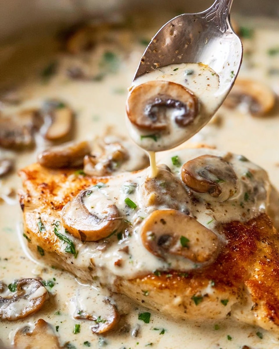 A close-up view of a cooked piece of chicken breast with a golden brown, slightly crispy texture, partially covered in creamy white mushroom sauce. The sauce is thick and smooth, with visible slices of soft brown mushrooms evenly spread on top and embedded in the sauce. There are small green herb pieces scattered over the sauce, adding a fresh touch. A large silver spoon is lifting some sauce with mushrooms above the chicken, showing the creamy texture flowing gently. The background is a soft white marbled texture. photo taken with an iphone --ar 4:5 --v 7