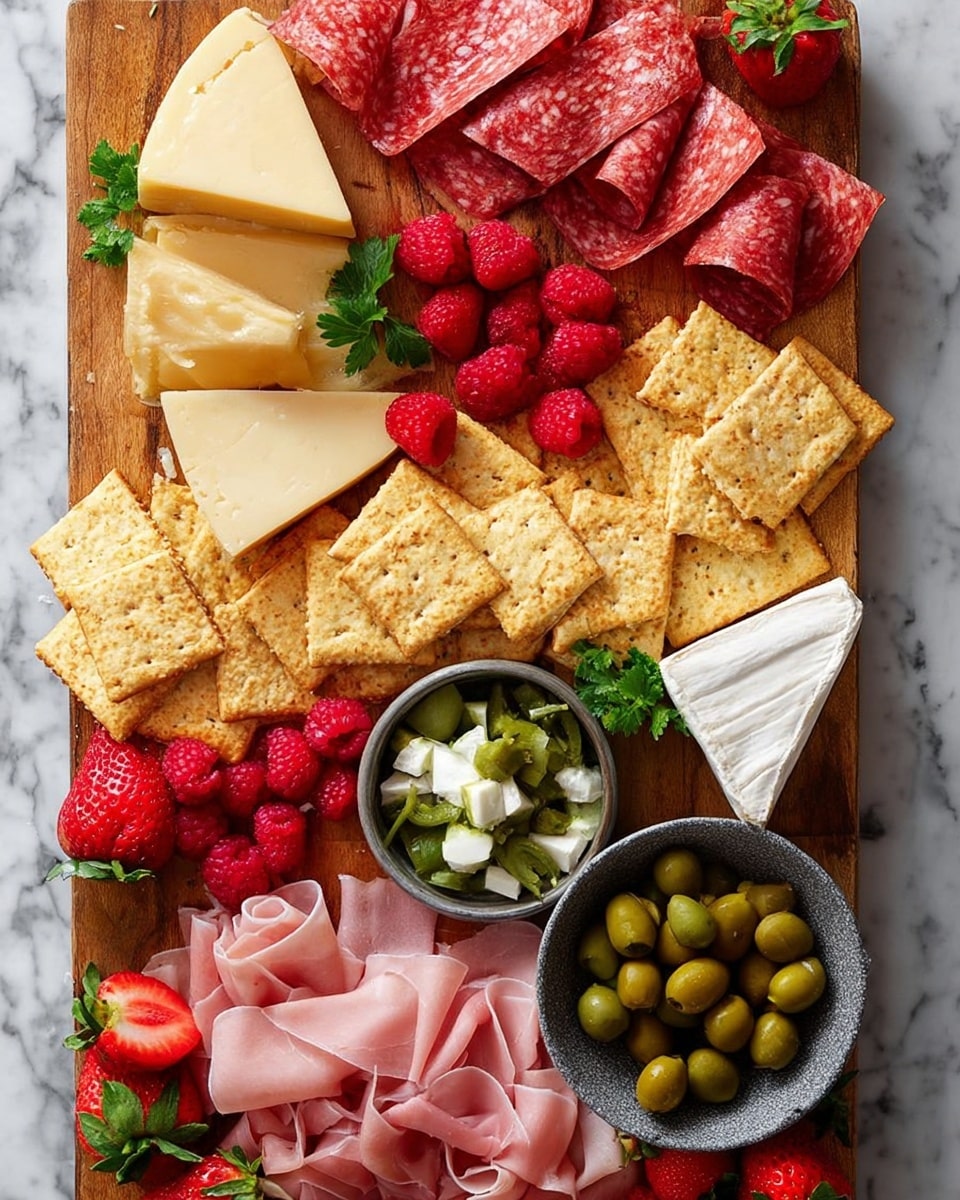 A wooden board filled with layers of food starting with a base layer of golden, square crackers scattered all over. On top, sliced red salami is folded into small stacks across the board. Two large wedges of cheese are placed, one with a smooth beige color on the left and the other a soft white brie on the right. Bright red raspberries and fresh green herb leaves are scattered around for decoration. Near the top right corner, a white bowl contains small green pickles and white pearl onions, while a gray bowl on the bottom right is packed with shiny green olives. There are also fresh red strawberries around the olives and cheese. At the bottom left, slices of pink ham are thinly folded, mingling with the crackers. The whole scene rests on a white marbled surface. photo taken with an iphone --ar 4:5 --v 7
