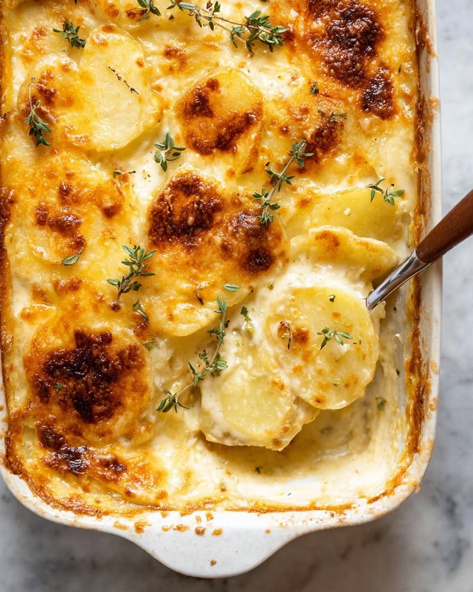 A white rectangular dish filled with a creamy scalloped potato bake, showing a golden brown melted cheese crust on top with some darker spots from baking. Visible layers underneath include thin, soft potato slices in a rich, creamy sauce with a slightly yellow color. Fresh green thyme leaves are scattered on top for garnish. A metal spoon with a wooden handle is lifting a portion from the corner, revealing three layers of tender potato slices covered in creamy sauce underneath the browned cheese. The dish sits on a white marbled surface. Photo taken with an iphone --ar 4:5 --v 7