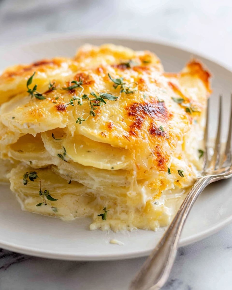 The image shows a close-up of a white plate with a serving of creamy potato gratin. The dish has several layers of thinly sliced potatoes with a rich, pale yellow cheese sauce between them. The top layer is golden brown with melted cheese that looks slightly crispy and bubbly. Small green herb leaves are sprinkled on top for garnish. A silver fork is placed on the side of the plate, which is set on a white marbled surface. photo taken with an iphone --ar 4:5 --v 7