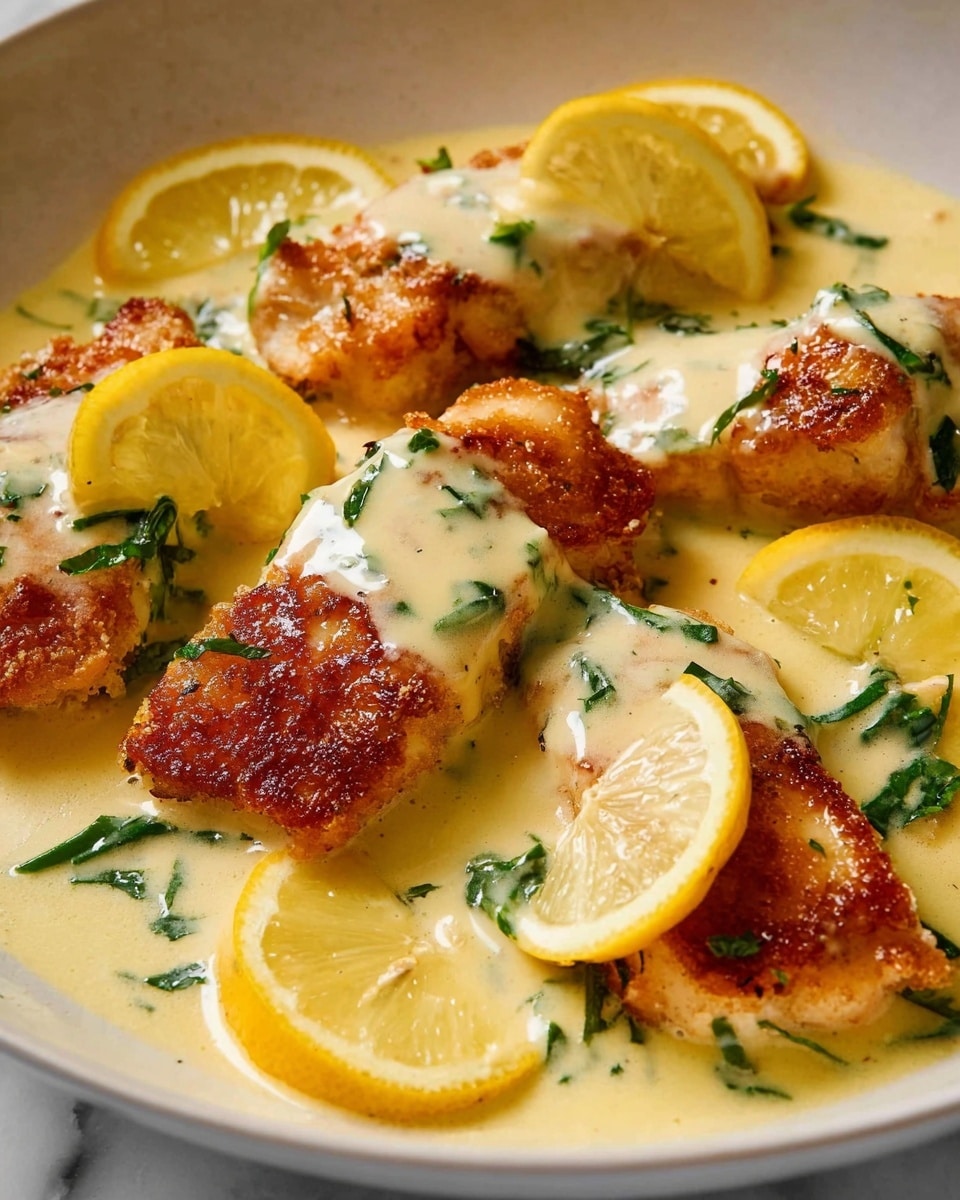 The image shows several pieces of golden-brown, crispy fish fillets laid in a shallow pool of creamy, light yellow sauce with green herb bits scattered on top. Each fillet is topped with a smooth drizzle of the sauce, making the texture look rich and silky. Thin, half-moon slices of lemon with bright yellow rinds are placed around and on top of the fillets, adding a fresh and colorful contrast. The dish is presented on a white plate sitting on a white marbled surface. photo taken with an iphone --ar 4:5 --v 7