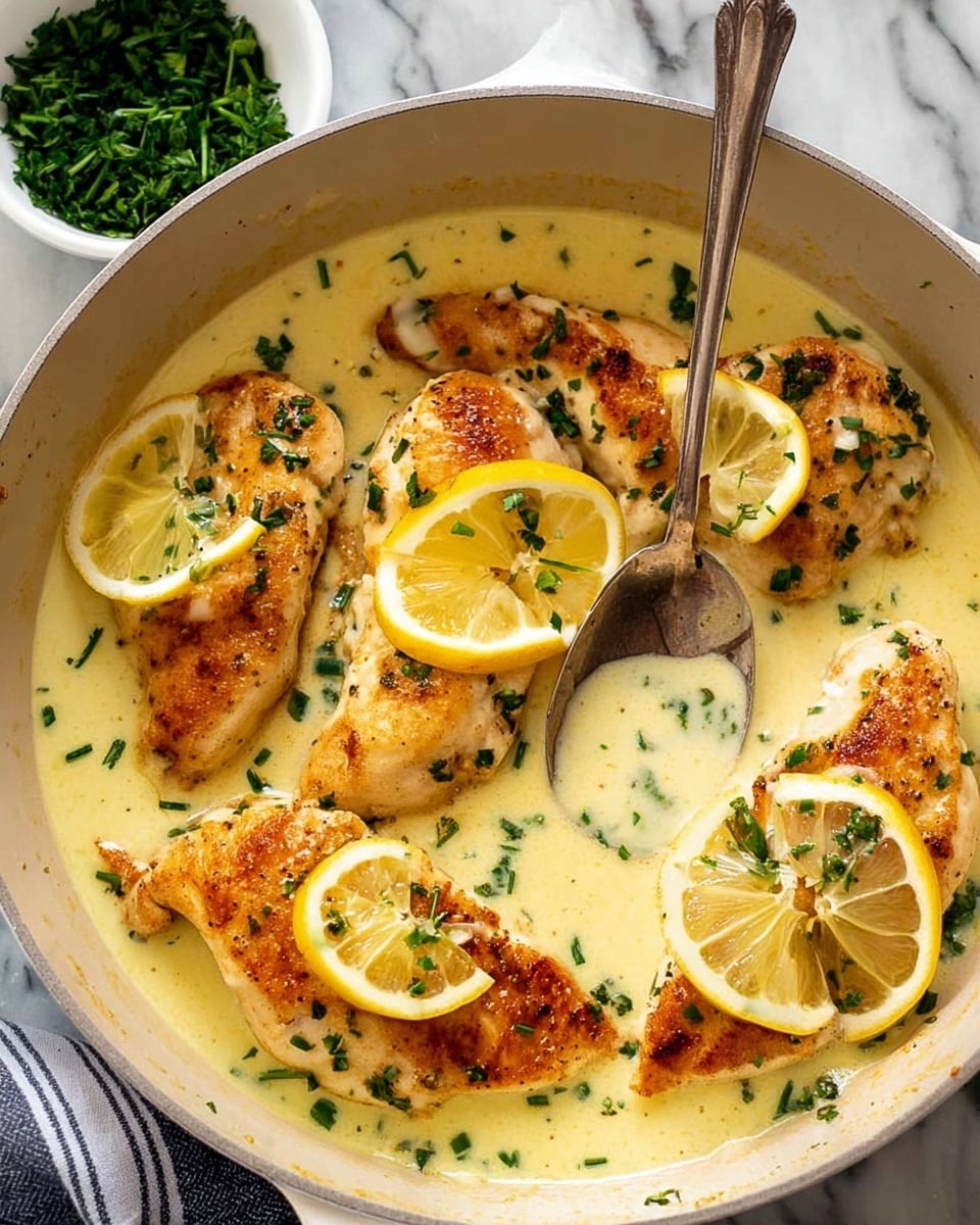 The image shows a dish with five pieces of golden brown grilled chicken breast, each topped with a creamy yellow sauce with green herb pieces scattered on top. Each chicken piece is garnished with a thin slice of lemon placed neatly on top. The sauce is smooth and covers the bottom of a white pan. A silver spoon rests in the sauce near the upper part of the pan, partially covered by the sauce and herbs. In the background, there is a small white bowl filled with chopped green herbs, all set against a white marbled surface. photo taken with an iphone --ar 4:5 --v 7