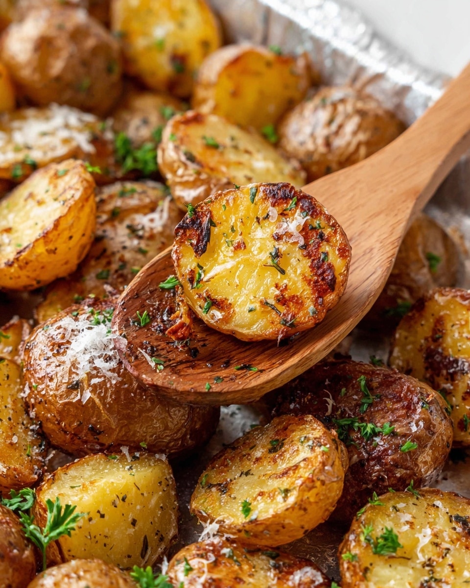 A close-up of golden roasted baby potatoes in a white tray, with a wooden spoon lifting one half-cut potato that has a crispy, browned surface with some sprigs of green herbs and coarse salt sprinkled on top. The potatoes are coated with black pepper, visible herbs, and flakes of cheese, with some fresh chopped parsley adding a fresh green color. The overall texture shows a mix of smooth, roasted skin and slightly crunchy browned edges, all placed on a white marbled background. Photo taken with an iphone --ar 4:5 --v 7