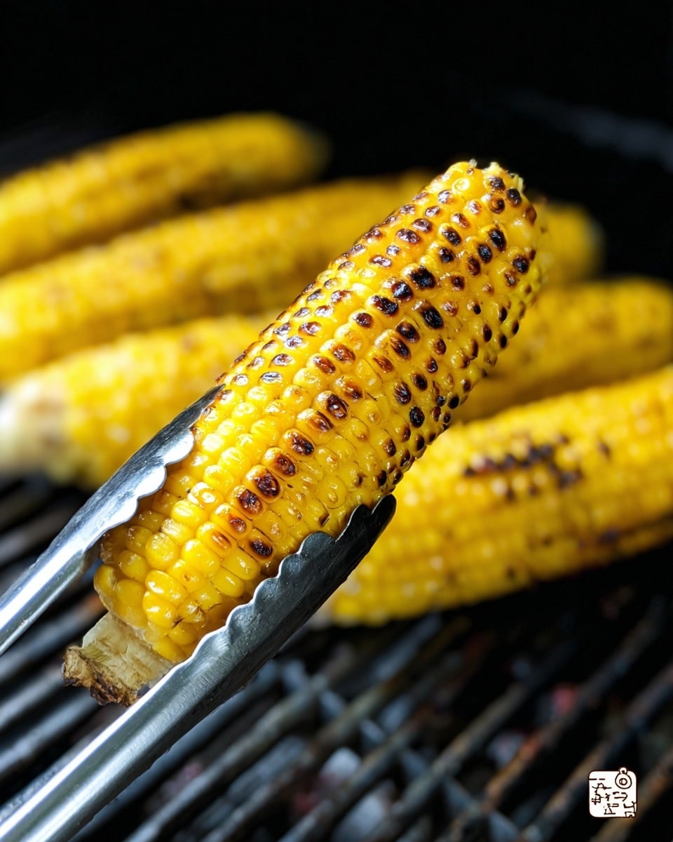 A close-up view of a bright yellow grilled corn on the cob with dark brown char marks on the kernels, held by silver metal tongs. In the background, blurred yellow grilled corn ears lie on a black grill with grill bars visible. The scene is set against a white marbled texture surface. Photo taken with an iphone --ar 4:5 --v 7