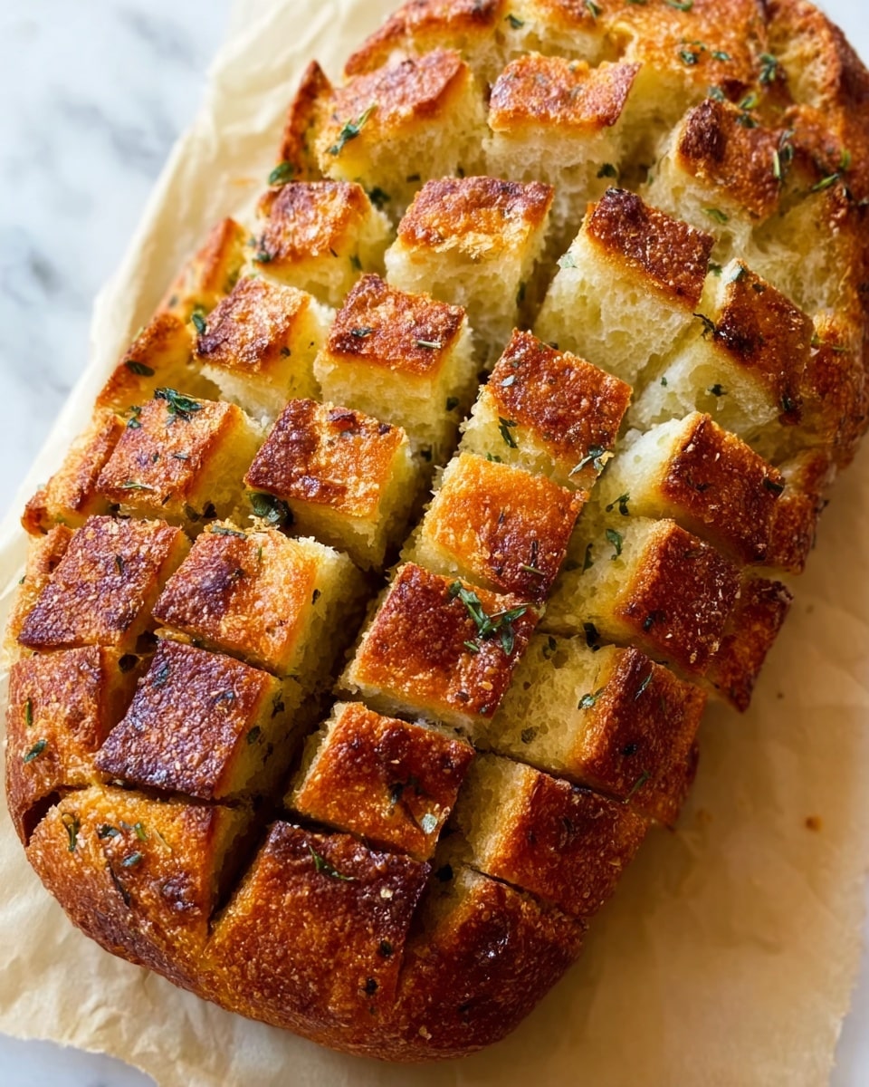 A loaf of bread with a golden brown crust is cut into a grid pattern, creating many small square pieces. The outside is crispy with a slightly rough texture, and inside the bread looks soft, light yellow, and fluffy. Tiny green herbs are scattered throughout the bread, visible on the outside crust and inside each piece. The loaf rests on a white marbled surface covered partially with parchment paper, adding a rustic look to the presentation. The grid cuts show the bread ready to be pulled apart easily. photo taken with an iphone --ar 4:5 --v 7