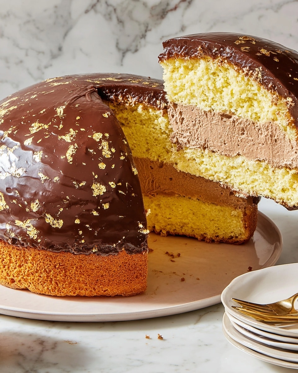 The image shows a dome-shaped cake with three layers: the bottom layer is yellow sponge cake, the middle layer is soft, light brown chocolate mousse, and the top layer is another yellow sponge cake covered with a smooth dark chocolate glaze that has shiny golden spots scattered on it. A slice is being lifted to reveal the cake’s inside, with the mousse filling thick and fluffy between the sponge layers. The cake rests on a plain white plate, placed on a white marbled surface, and a stack of white plates is seen nearby. photo taken with an iphone --ar 4:5 --v 7