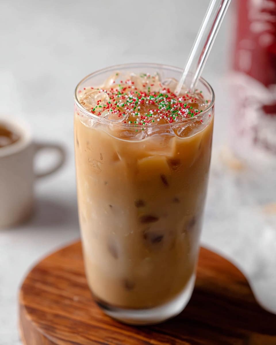 A tall clear glass filled with a creamy light brown iced coffee layered with ice cubes visible near the top, topped with sparkling red and green tiny sprinkles scattered over the ice, with a clear straw sticking out. The glass sits on a round wooden board on a white marbled surface. The background is softly blurred with white and red elements barely visible. photo taken with an iphone --ar 4:5 --v 7