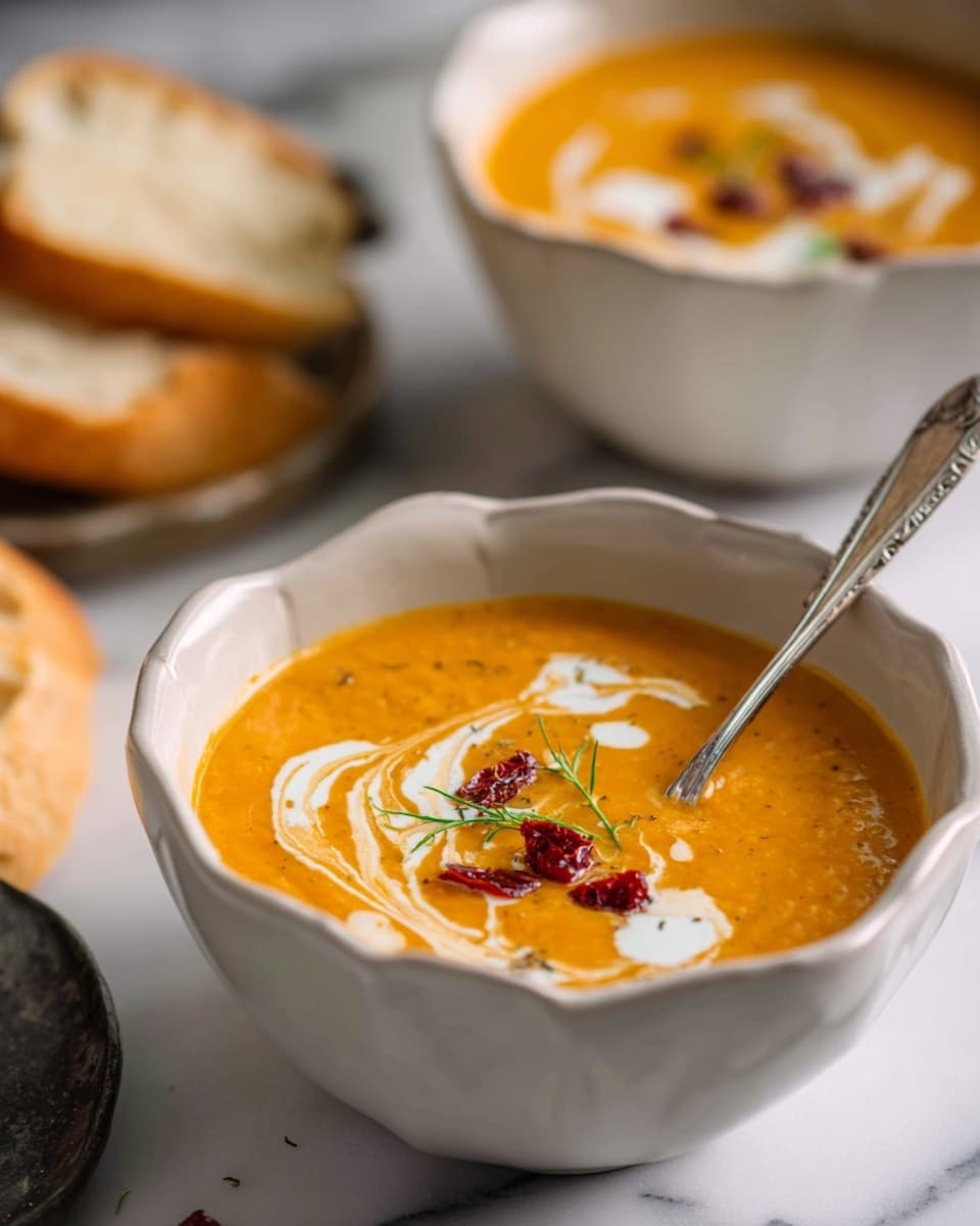 Two white scalloped bowls hold creamy orange soup with a smooth texture. The soup is garnished with swirls of white cream, small pieces of red dried fruit, and a small green herb sprig on top. A silver spoon with a detailed handle rests inside the bowl in the front. In the background on a white marbled surface, there are pieces of sliced bread with a golden crust. The image has a soft focus on the background and sharp focus on the front bowl, creating a warm and inviting feeling. photo taken with an iphone --ar 4:5 --v 7