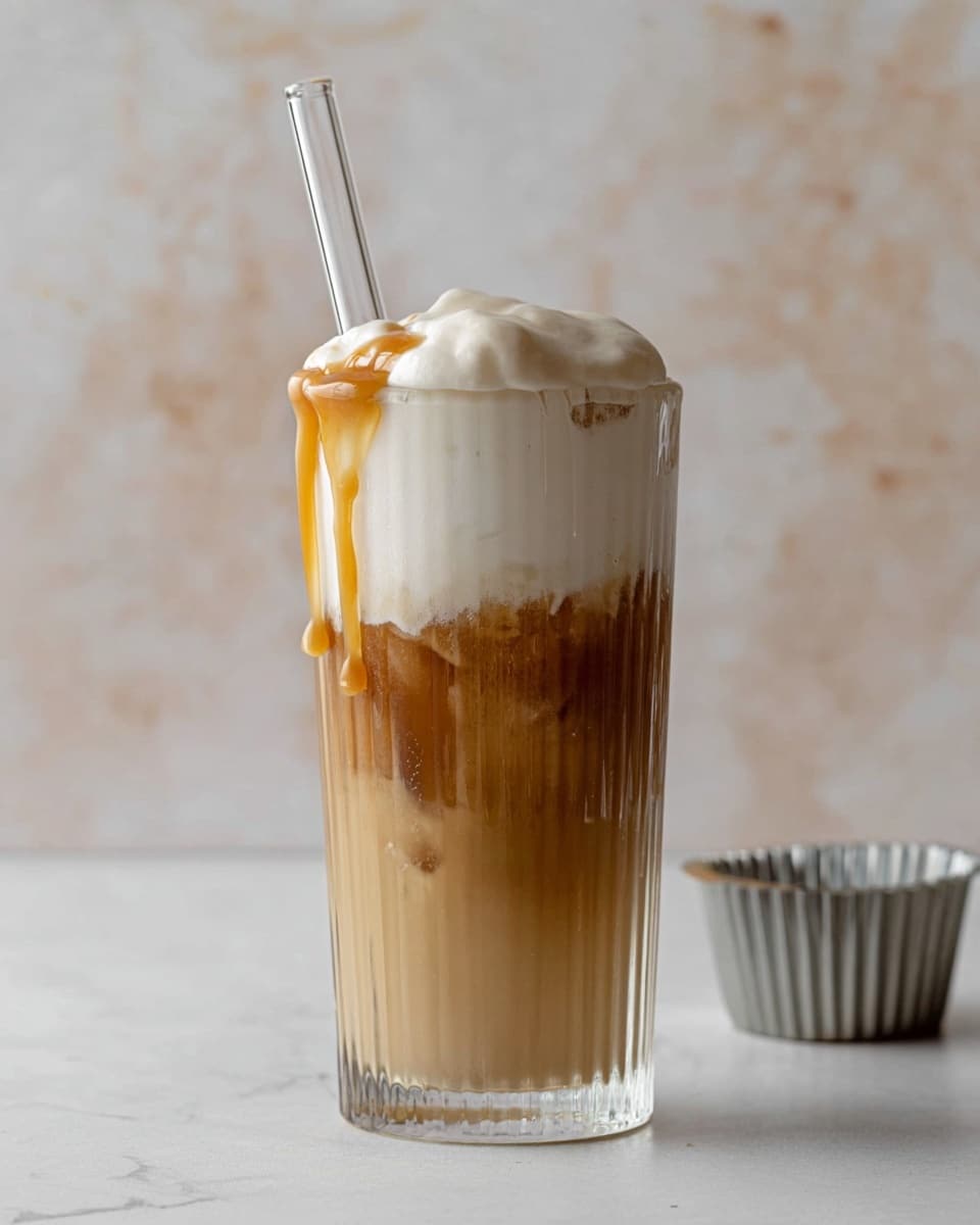 A tall clear ribbed glass is filled with three layers: the bottom layer is a golden brown liquid, the middle layer is a light beige mix with visible ice cubes, and the top layer is a thick, smooth white foam that overflows slightly, dripping with golden caramel syrup down the side. A clear glass straw is inserted from the top, leaning slightly to the left. The glass sits on a white marbled surface with a small metal fluted ring mold nearby to the right. photo taken with an iphone --ar 4:5 --v 7