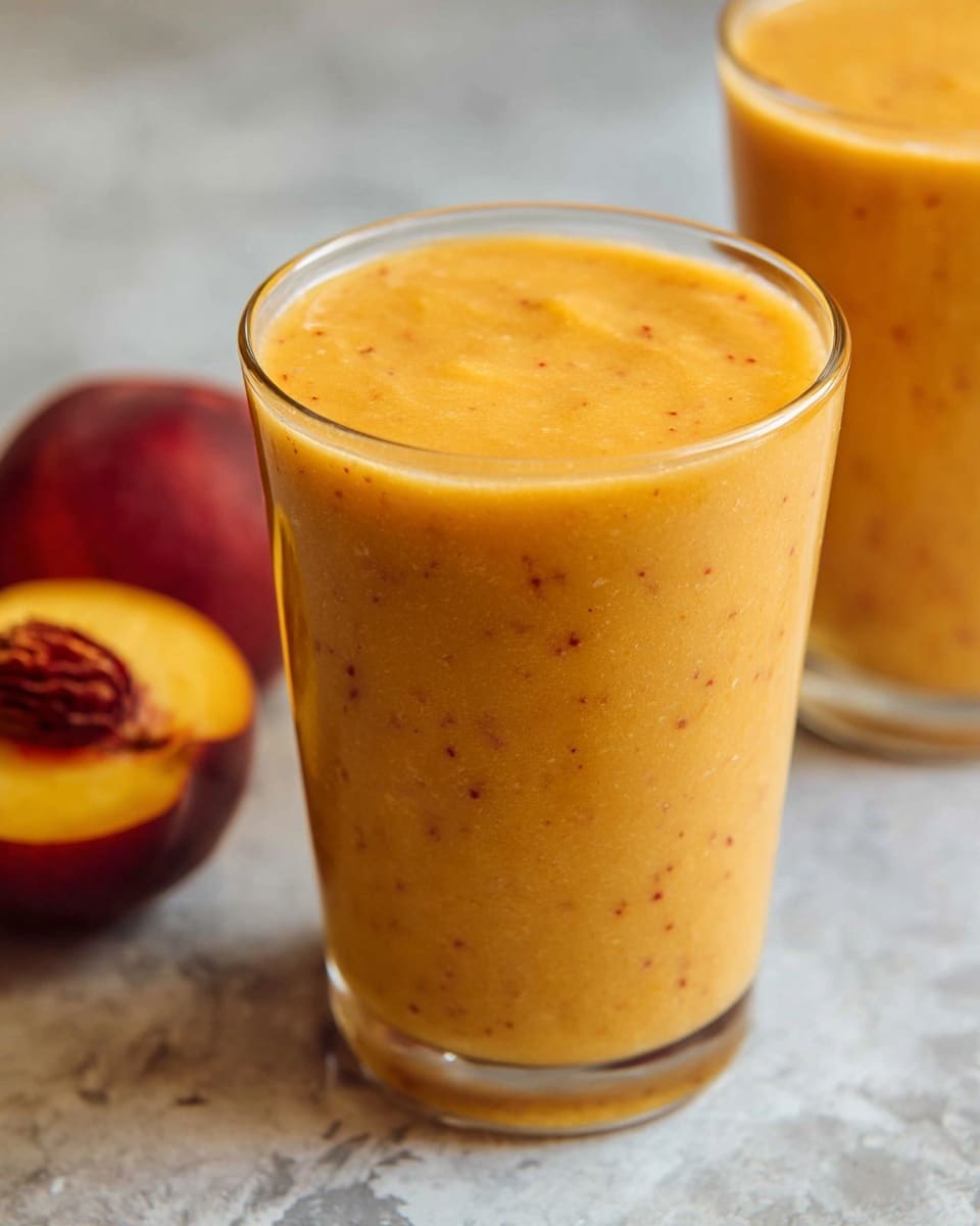 The image shows a close-up of a clear glass filled to the top with a thick, creamy orange smoothie that has small dark specks throughout, suggesting blended fruit or spices. Behind it, a second clear glass also holds the same smoothie, slightly out of focus. In the background, there is a halved peach with a dark red outer peel and a bright yellow flesh containing a seed in the center. The scene sits on a white marbled texture surface, giving a clean and bright look. photo taken with an iphone --ar 4:5 --v 7
