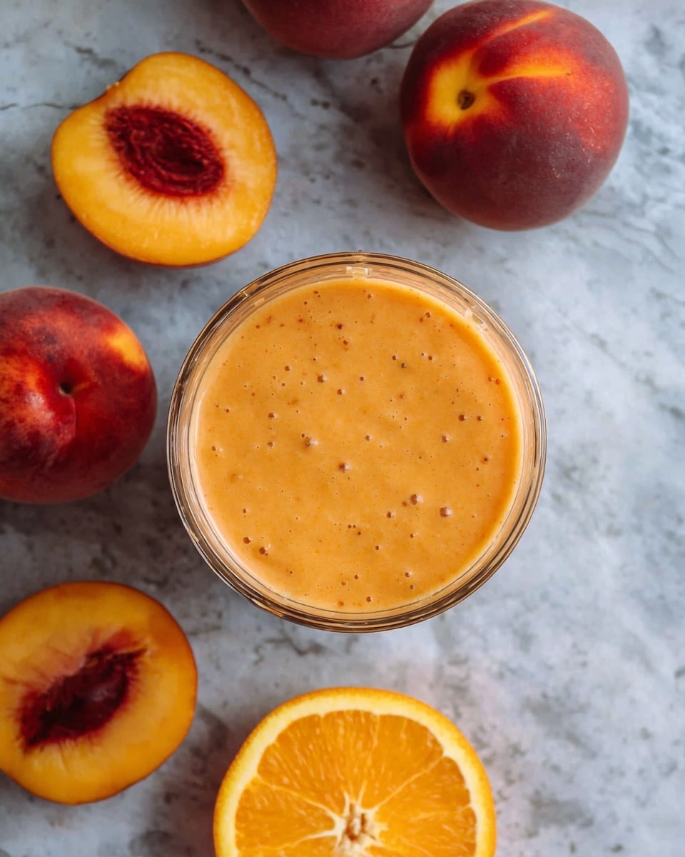 A top-down view of a clear blender container filled with a smooth, thick peach-orange colored smoothie with small specks, surrounded by whole and halved peaches with rich reddish-orange skin and a halved bright orange-colored orange fruit, all placed on a white marbled textured surface. photo taken with an iphone --ar 4:5 --v 7