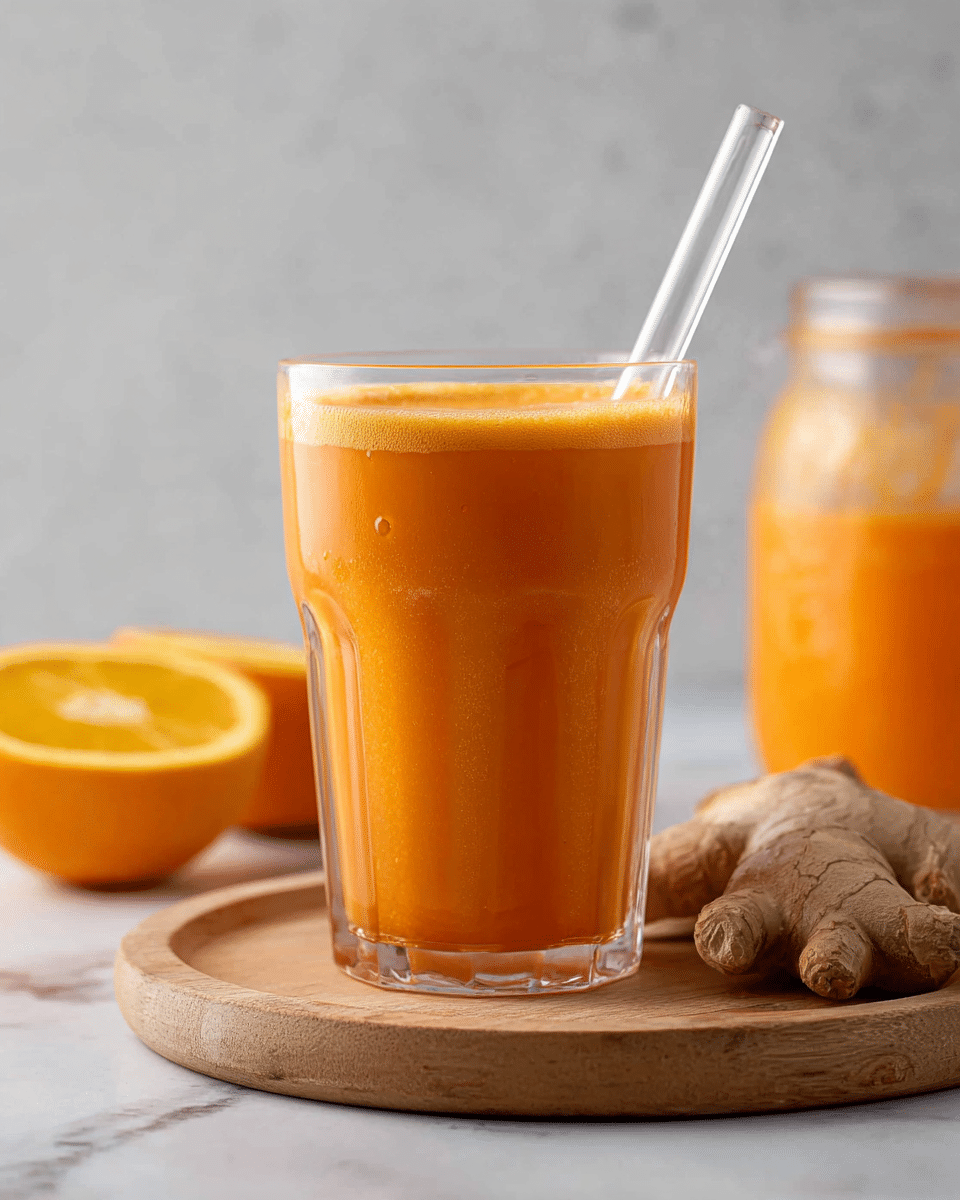 The image shows a tall clear glass filled with a thick orange juice placed on a round wooden board. The orange juice has a smooth and slightly frothy texture. A clear glass straw is inserted into the juice, leaning to the right. In the background, there is a blurred jar filled with the same orange juice, fresh ginger root, and half an orange. The whole setting is on a white marbled surface with a light grey background. photo taken with an iphone --ar 4:5 --v 7