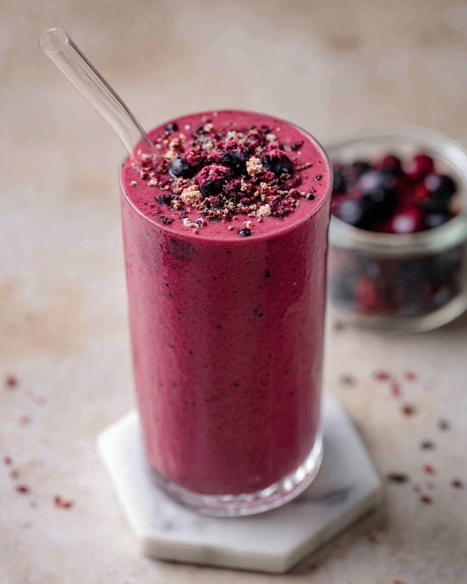 A tall clear glass filled to the brim with a thick, deep pink smoothie with small berry pieces throughout; the top layer is sprinkled with small, dark purple and black crushed berry bits and tiny crumbled textures, giving a rich, textured look. A clear straw is dipped into the smoothie on the left side. The glass sits on a white hexagonal marble coaster, all placed on a white marbled texture surface. In the background, slightly blurred, is a small clear jar filled with dark red and purple whole berries. Photo taken with an iphone --ar 4:5 --v 7