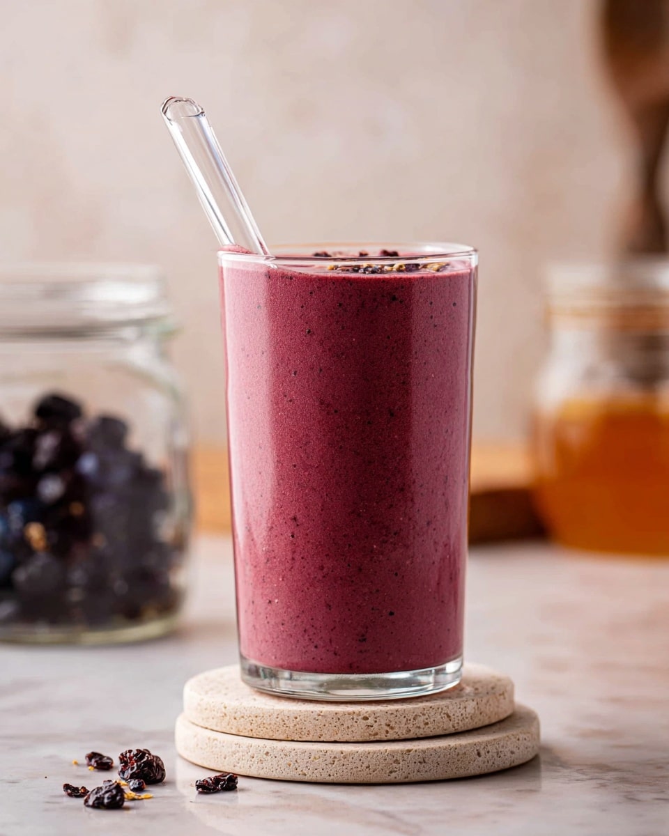 A tall clear glass filled with a thick, smooth smoothie of deep pinkish-purple color, topped with small dark specks and bits that add texture and interest, is placed on two stacked beige marble coasters. A clear glass straw is inserted into the smoothie at an angle from the left side. Around the glass, there are scattered small dried dark berries and blurred background elements including a jar with dark fruits and a jar with honey, all set on a white marbled surface. photo taken with an iphone --ar 4:5 --v 7