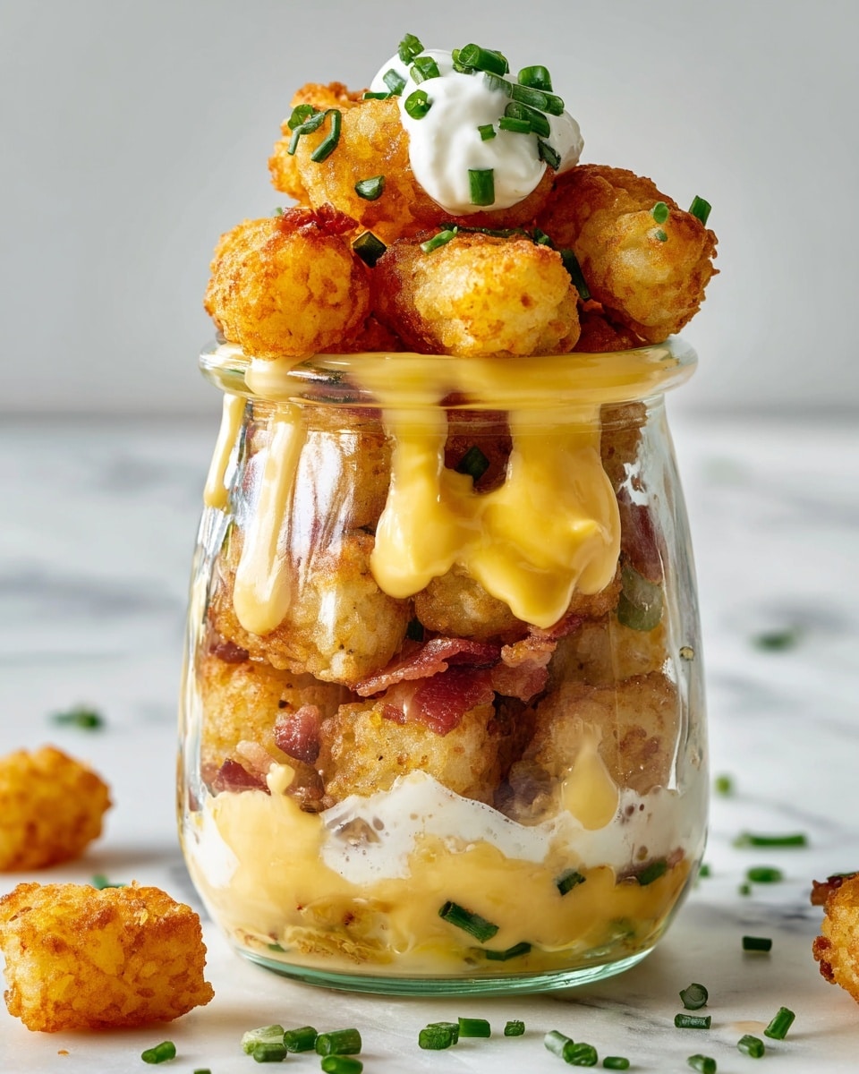 A clear glass jar filled with several layers of crispy golden-brown tater tots mixed with small pieces of browned bacon. Between the layers, there is a thick yellow cheese sauce dripping down the sides and white sour cream dotted with green chives spread evenly. On top of the jar, a few tater tots are placed, with a dollop of white sour cream and sprinkled green chives for garnish. One tater tot and some green chives are scattered on the white marbled surface around the jar. Photo taken with an iphone --ar 4:5 --v 7