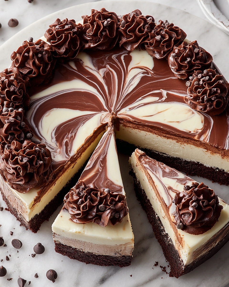 A rich dessert sliced into several pieces sits on a white marble surface, showing four distinct layers with a base of dark, moist chocolate cake, topped by a light creamy white layer, followed by a smooth milk chocolate layer, all covered by a shiny swirled mix of dark and white chocolate glaze. Around the edge, there are many thick, dark chocolate whipped cream rosettes, with small chocolate chips scattered loosely near the dessert on the marble. The slice removed reveals the clear, clean layers inside. Photo taken with an iphone --ar 4:5 --v 7