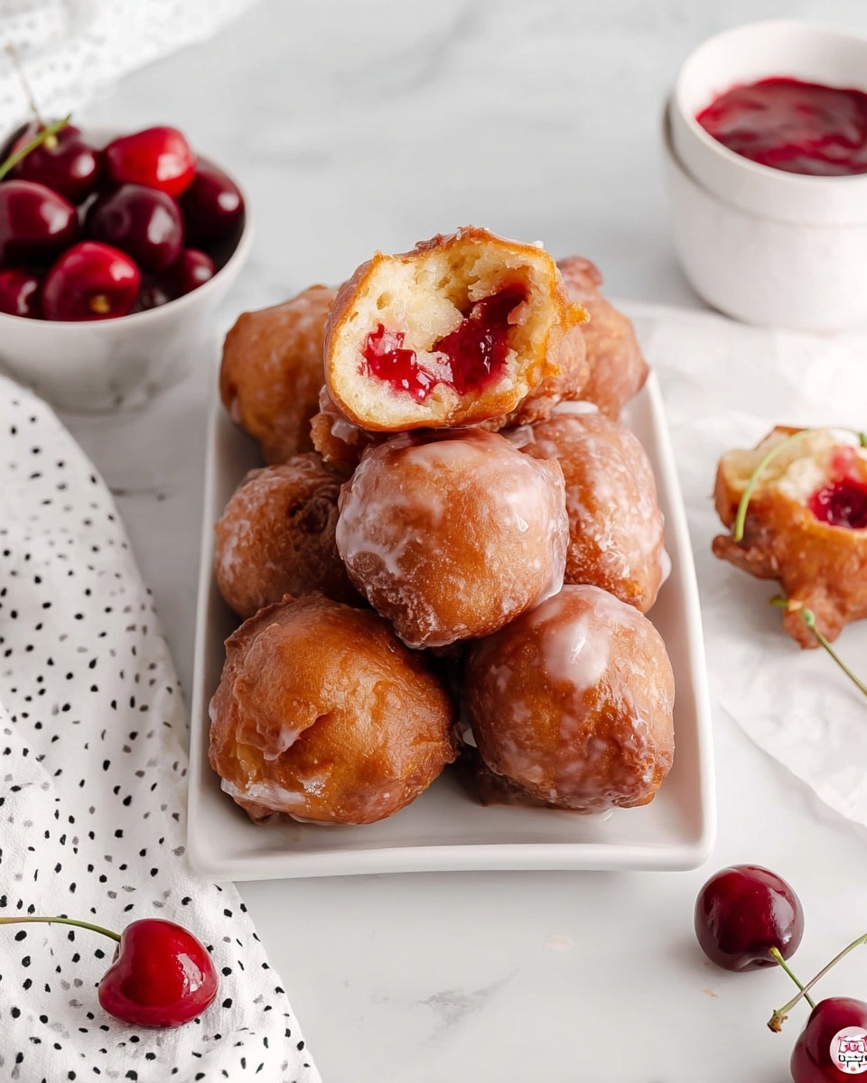 A stack of golden brown cherry-filled fritters covered with a light, shiny glaze sits on a white rectangular plate. One fritter on top is split open, revealing bright red cherry filling with whole cherries inside. To the side, there is a white bowl full of glossy cherry topping and a white bowl filled with fresh cherries. The fritters have a slightly uneven, soft texture with a glazed finish. The whole scene is set on a white marbled surface with a corner of a white cloth with small black dots and three fresh cherries nearby. photo taken with an iphone --ar 4:5 --v 7