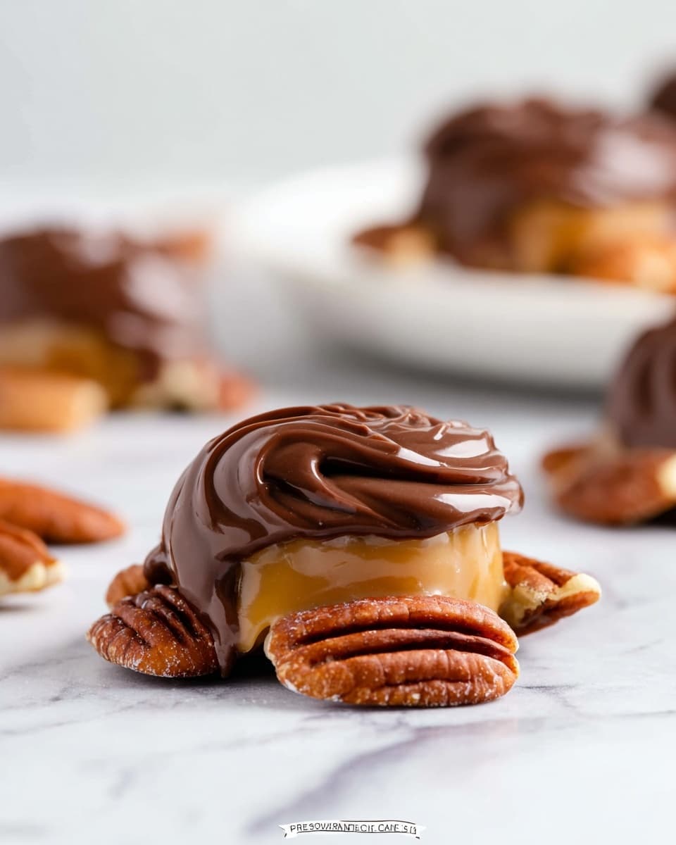 A close-up view of a small candy made of three visible layers arranged on a white marbled surface. The bottom layer includes pecan halves with a rough texture and warm brown color, creating a base. Above the pecans is a golden caramel layer that looks smooth and slightly melted, dripping over the nuts. The top layer is a swirl of glossy milk chocolate, thick and creamy with a shiny texture. In the blurred background, additional candies and a white plate edge are faintly visible. photo taken with an iphone --ar 4:5 --v 7
