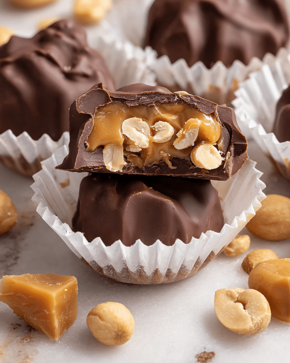 The image shows a close-up of chocolate peanut clusters, with one cluster cut in half to reveal three layers: a dark brown, smooth chocolate outer shell, a middle layer of golden caramel, and a mix of whole and chopped light tan peanuts inside. The clusters sit in white paper cupcake liners on a white marbled surface. Around the clusters are scattered whole and halved peanuts and pieces of caramel, adding natural textures and warm colors to the scene. The chocolate has a glossy, slightly textured finish, and the caramel looks soft and gooey. Photo taken with an iphone --ar 4:5 --v 7