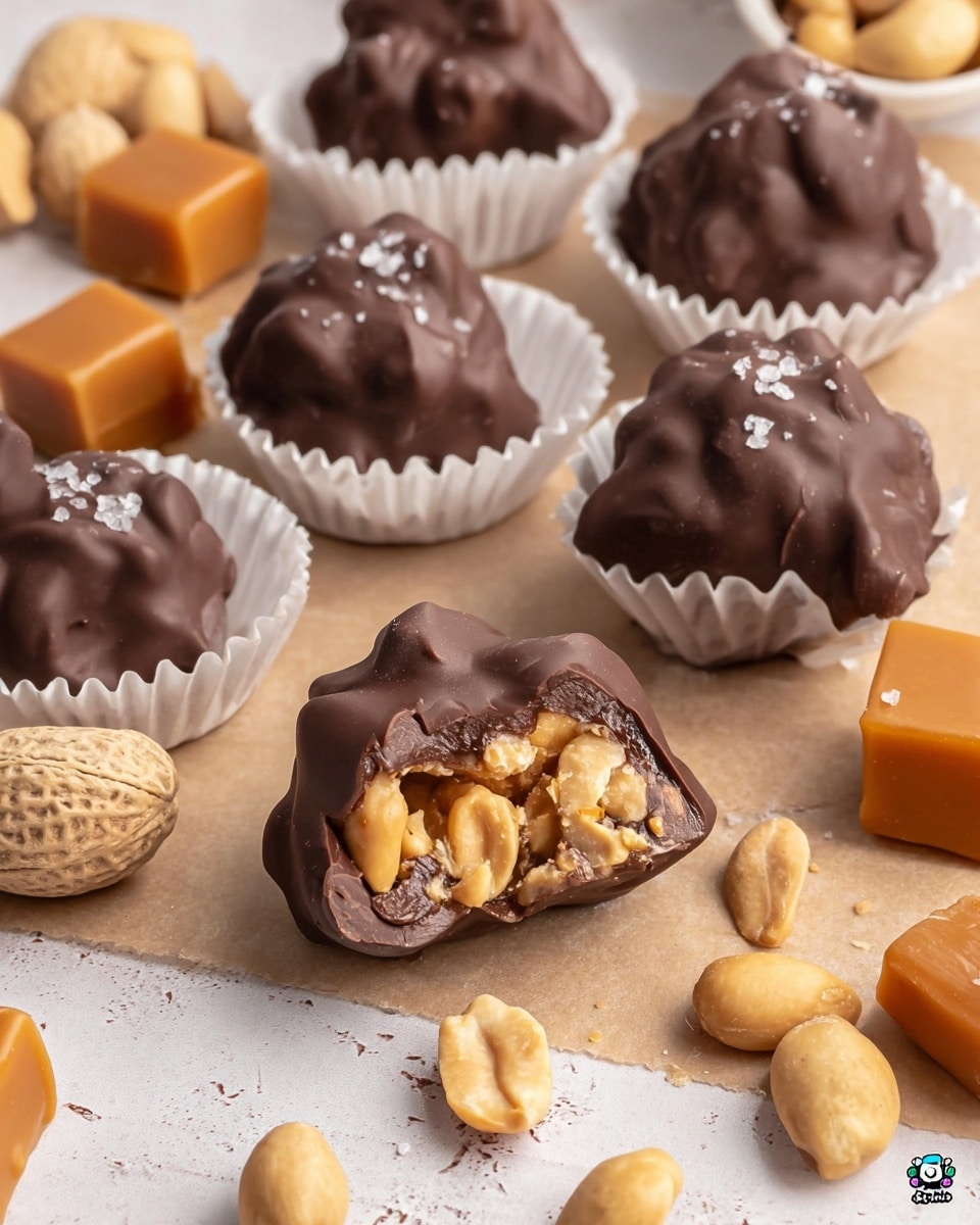 The image shows several chocolate clusters in white paper cups on a light brown surface with a white marbled texture. Each cluster has a rough and bumpy chocolate coating with a dark brown color. One cluster in the front is cut in half, revealing a rich interior filled with whole and chopped golden peanuts, visible through the glossy dark chocolate shell. Around the clusters, there are caramel square pieces in a deep orange color, scattered raw peanuts in their shell, and a few loose golden peanut halves. One cluster is topped with a sprinkling of coarse salt crystals. The whole scene is well-lit, highlighting the textures and colors vividly. Photo taken with an iphone --ar 4:5 --v 7