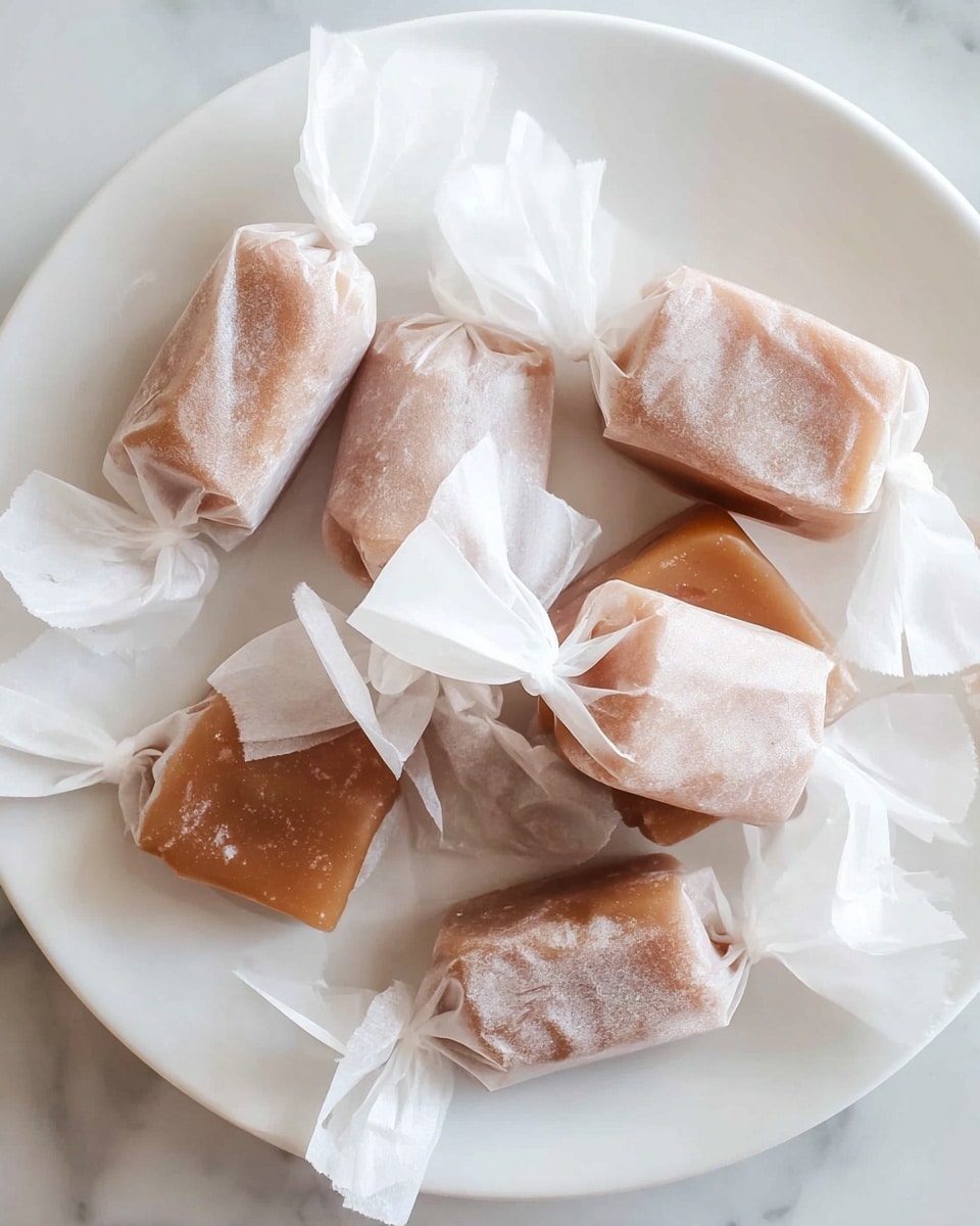 A white plate holds several rectangular caramel candies wrapped in translucent white wax paper. Each candy is light brown with a smooth, slightly glossy texture visible through the paper, while the paper is twisted neatly on both ends, creating a tied look. The plate rests on a white marbled surface, highlighting the soft warm color of the caramels. photo taken with an iphone --ar 4:5 --v 7