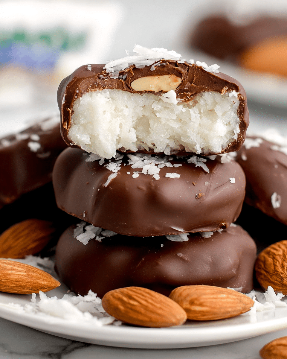 The image shows a close-up of chocolate-covered treats stacked together on a white plate, set on a white marbled texture. Each treat has three visible layers: a smooth, dark brown chocolate outer layer with a slightly glossy finish, a thick middle layer of white, crumbly coconut filling with a rough texture, and a whole almond visible near the top embedded between the chocolate and coconut layers. Two pieces are cut open on top of the stack to clearly show all layers, while whole almonds and small coconut flakes are scattered around the base. The background is softly blurred, emphasizing the treats in the front. photo taken with an iphone --ar 4:5 --v 7