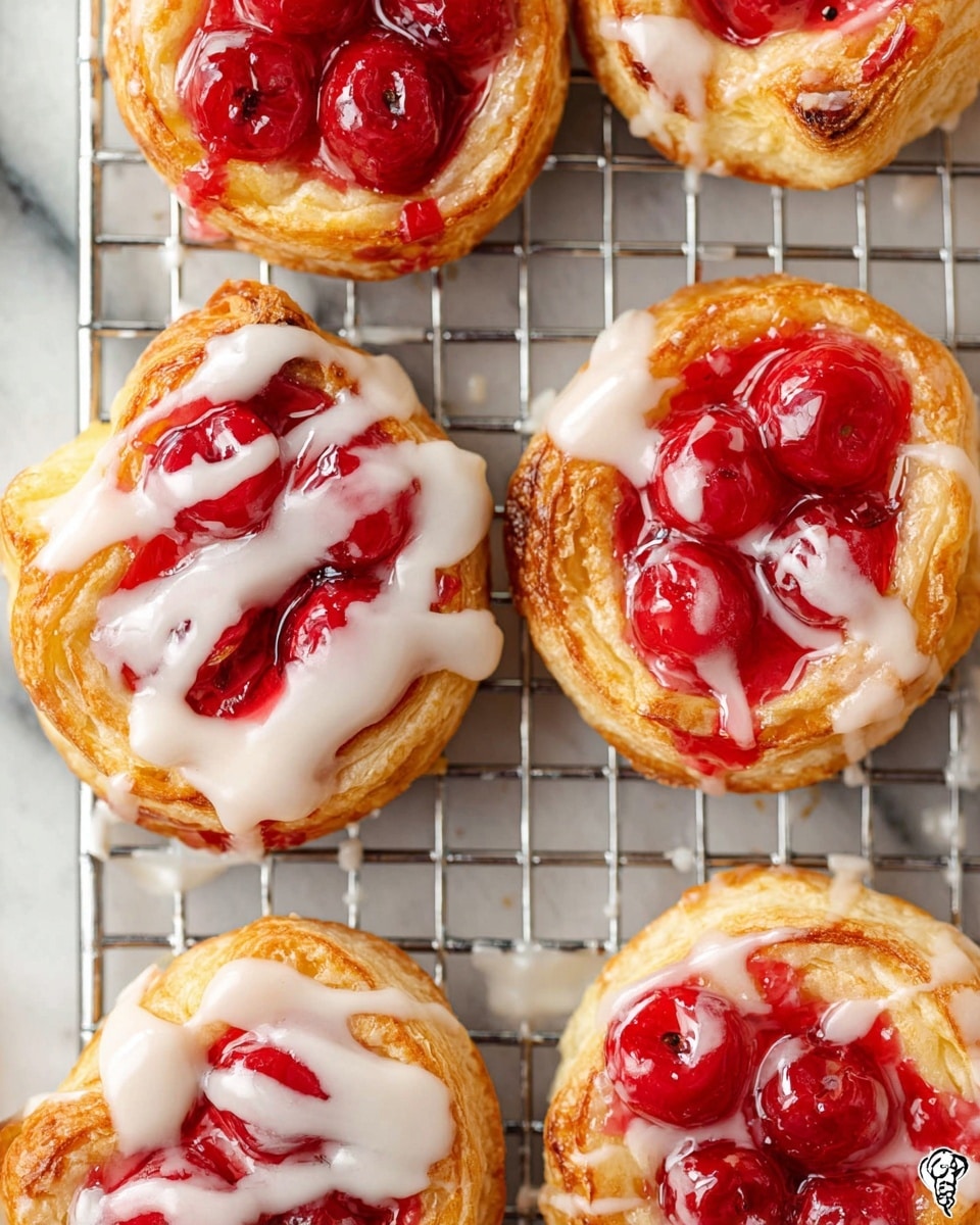 A close-up view of several mini cherry Danish pastries arranged on a silver cooling rack over a white marbled surface. Each pastry has three clear layers: a golden-brown flaky base, a middle layer of glossy red cherry topping with whole cherries and syrup coating, and a top layer of white icing drizzled unevenly, creating a shiny texture. The pastries vary slightly in shape but are roughly circular, with some icing dripping over edges and onto the cooling rack. photo taken with an iphone --ar 4:5 --v 7