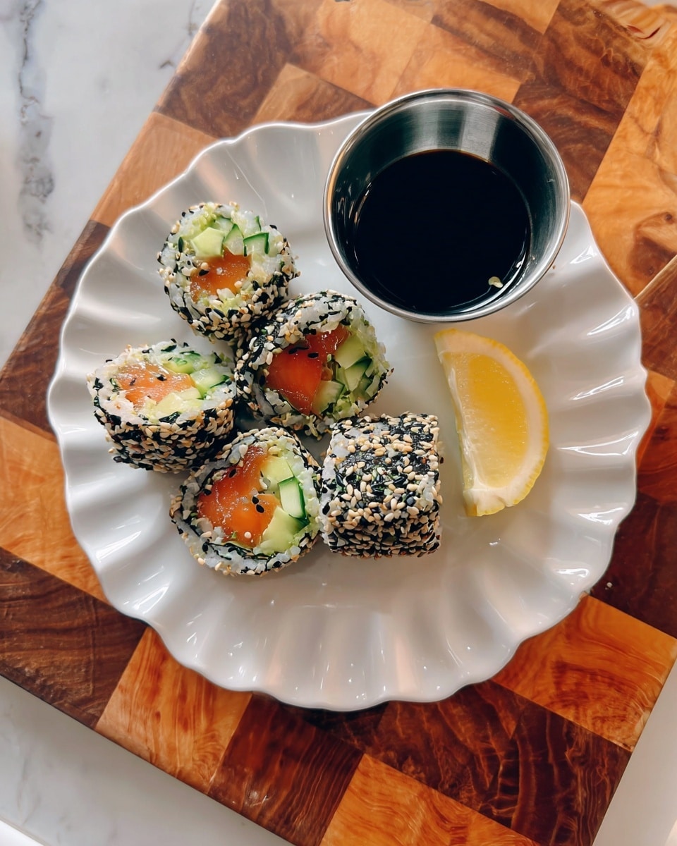 Four sushi rolls are cut in half and placed on a white scalloped plate. Each roll has three visible layers from the inside out: the inner layer is bright orange salmon, the middle layer is pale green cucumber sticks, and the outer layer is seaweed covered with a mix of black and white sesame seeds, giving a textured look. A small silver cup filled with dark soy sauce is set near the upper right side of the plate, and a wedge of bright yellow lemon is on the right side of the plate. The plate sits on a checkered wooden board with warm brown and honey-colored squares, all set on a white marbled surface. Photo taken with an iphone --ar 4:5 --v 7