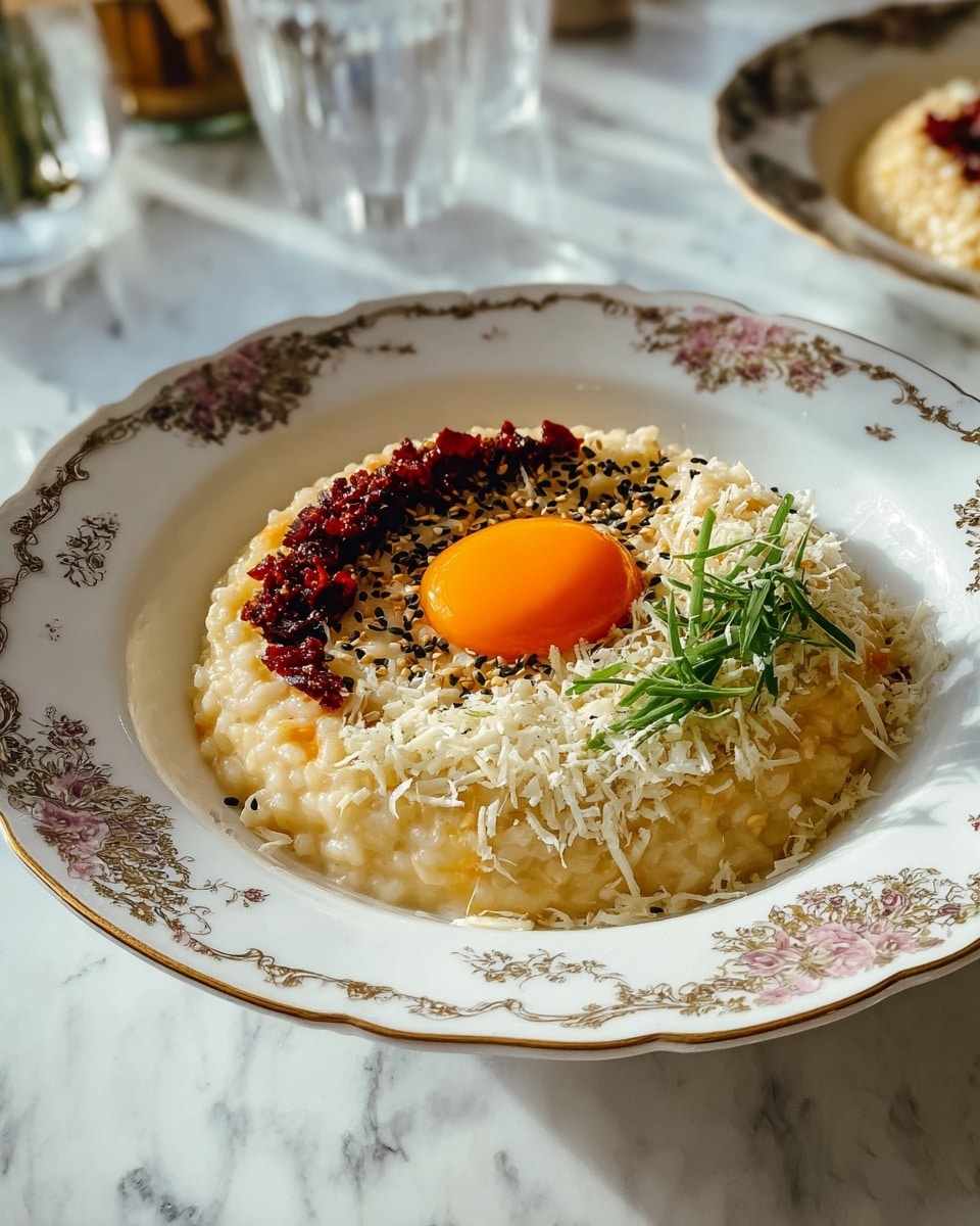 A round mound of creamy beige risotto sits in the center of a white ornate bowl with intricate floral and gold patterns at the rim. On top, there is a bright orange egg yolk in the middle, surrounded by a semi-circle of dark red, crispy bits on the left, a semi-circle of black and white sesame seeds mixed with herbs just next to the red bits, and a white shredded cheese layer to the right. A small bunch of thin bright green garnish rests next to the cheese. The bowl is placed on a white marbled surface with a glass and another bowl blurred in the background. Photo taken with an iphone --ar 4:5 --v 7
