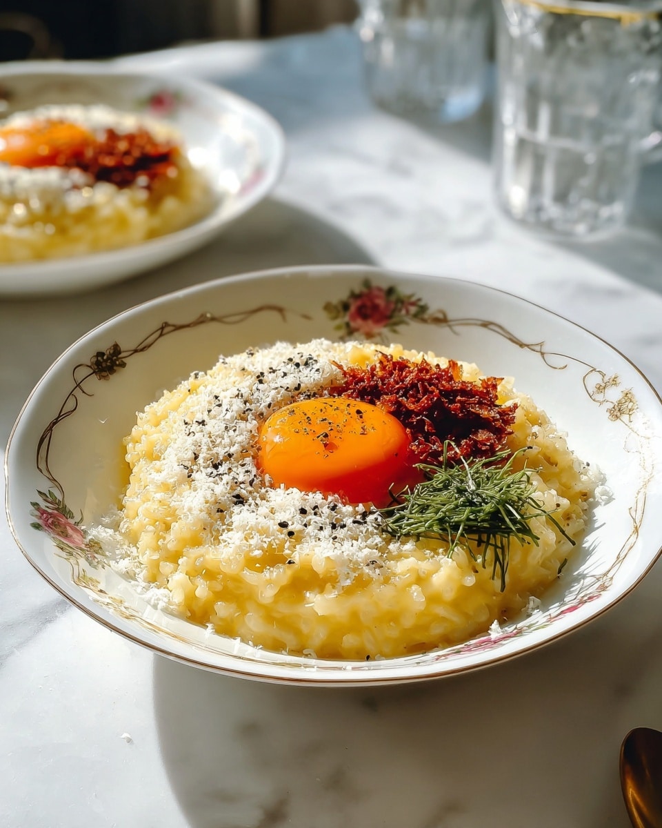 A dish is served in a white bowl with a delicate floral and gold trim. The bottom layer is a round mound of creamy yellow risotto with a soft, slightly glossy texture. On top, there is a raw egg yolk centered, bright orange and shiny, sprinkled lightly with black pepper. Around the yolk, starting from the bottom left, there is a ring of grated white cheese with a fluffy texture, followed by a mix of black and white sesame seeds and crushed black seaweed, and a section of finely chopped reddish-brown crispy bits. A small bunch of thin, bright green garnishing strands sits next to the yolk. The dish is set on a white marbled background with soft daylight illuminating it and partially showing another similar bowl blurred in the background along with two clear glasses. photo taken with an iphone --ar 4:5 --v 7