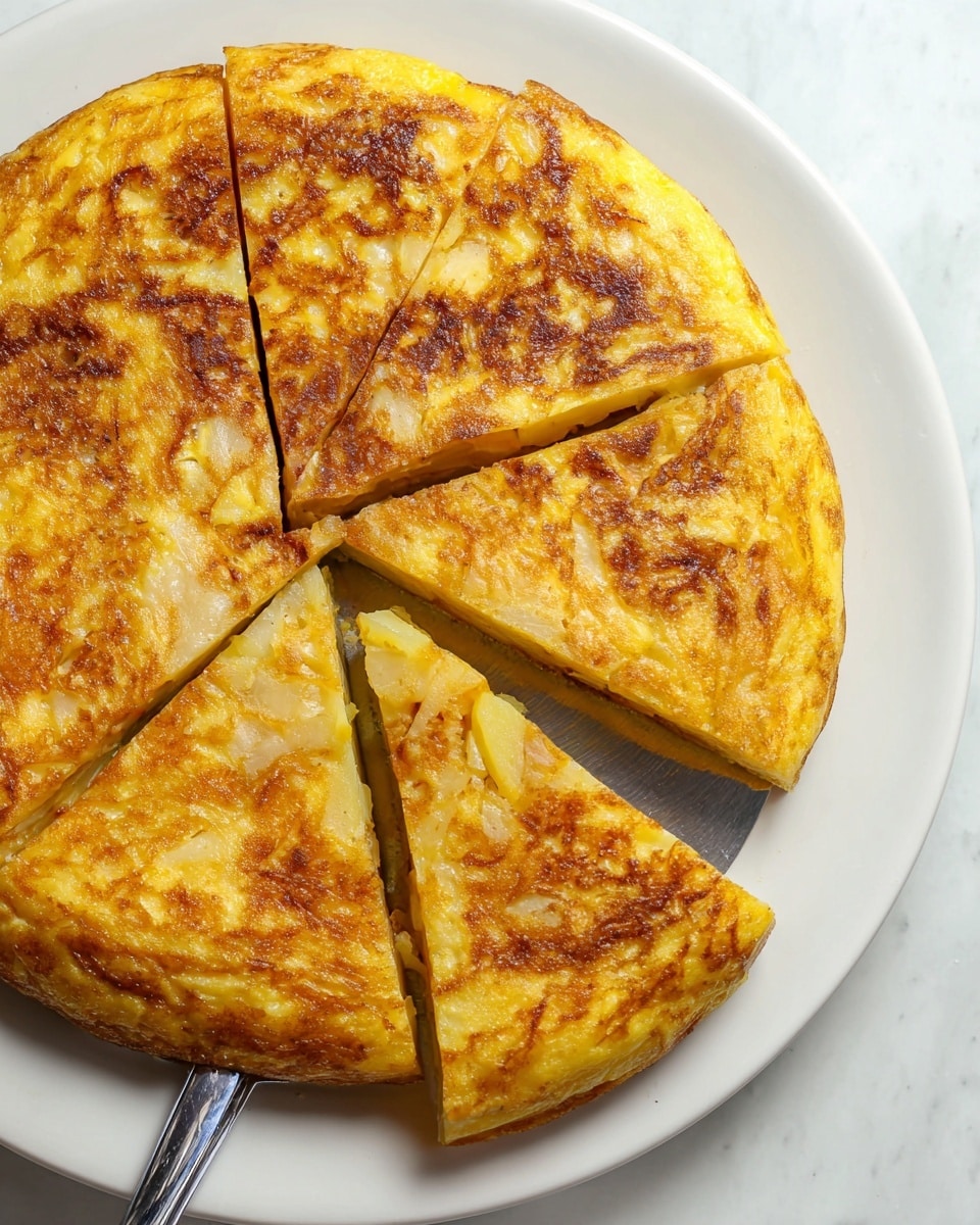 A round Spanish omelette cut into six thick slices sits on a white plate, showing a golden-brown crust with a slightly textured surface from cooked onions and potatoes inside. The omelette's layers include a soft yellow egg mixture with tender bits of light yellow potatoes and translucent onion slices subtly visible, creating a mottled pattern. The edges have a slightly darker brown tone where the omelette has crisped. A silver spatula is partially under one slice, hinting at a freshly served portion, all set on a white marbled textured background. photo taken with an iphone --ar 4:5 --v 7