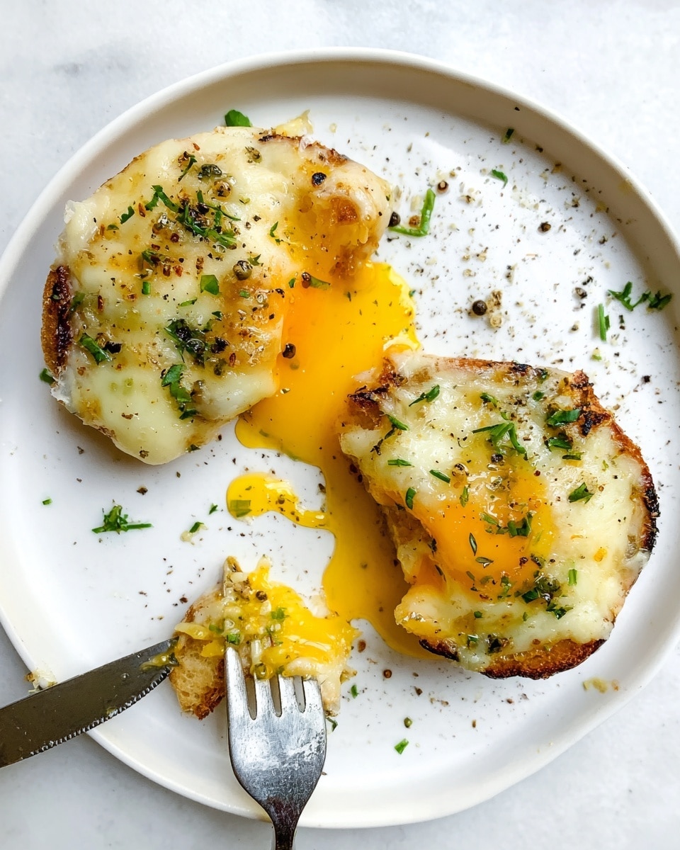 The image shows two round pieces of toasted bread on a white plate, each topped with a thick layer of melted light yellow cheese that is slightly browned and bubbly on top. The front piece is cut open, revealing gooey bright yellow yolk spilling out, with melted cheese covering it. Small green herb pieces are sprinkled generously over the cheese and yolk, and there are also scattered black pepper flakes adding texture. A silver fork holds a bite-sized piece of the cheesy toast with yolk dripping onto the plate, while a knife lies beside the toast, smeared with yolk and herbs. The plate sits on a white marbled surface with some scattered herbs and pepper grains around, giving a fresh and rustic feel. Photo taken with an iphone --ar 4:5 --v 7