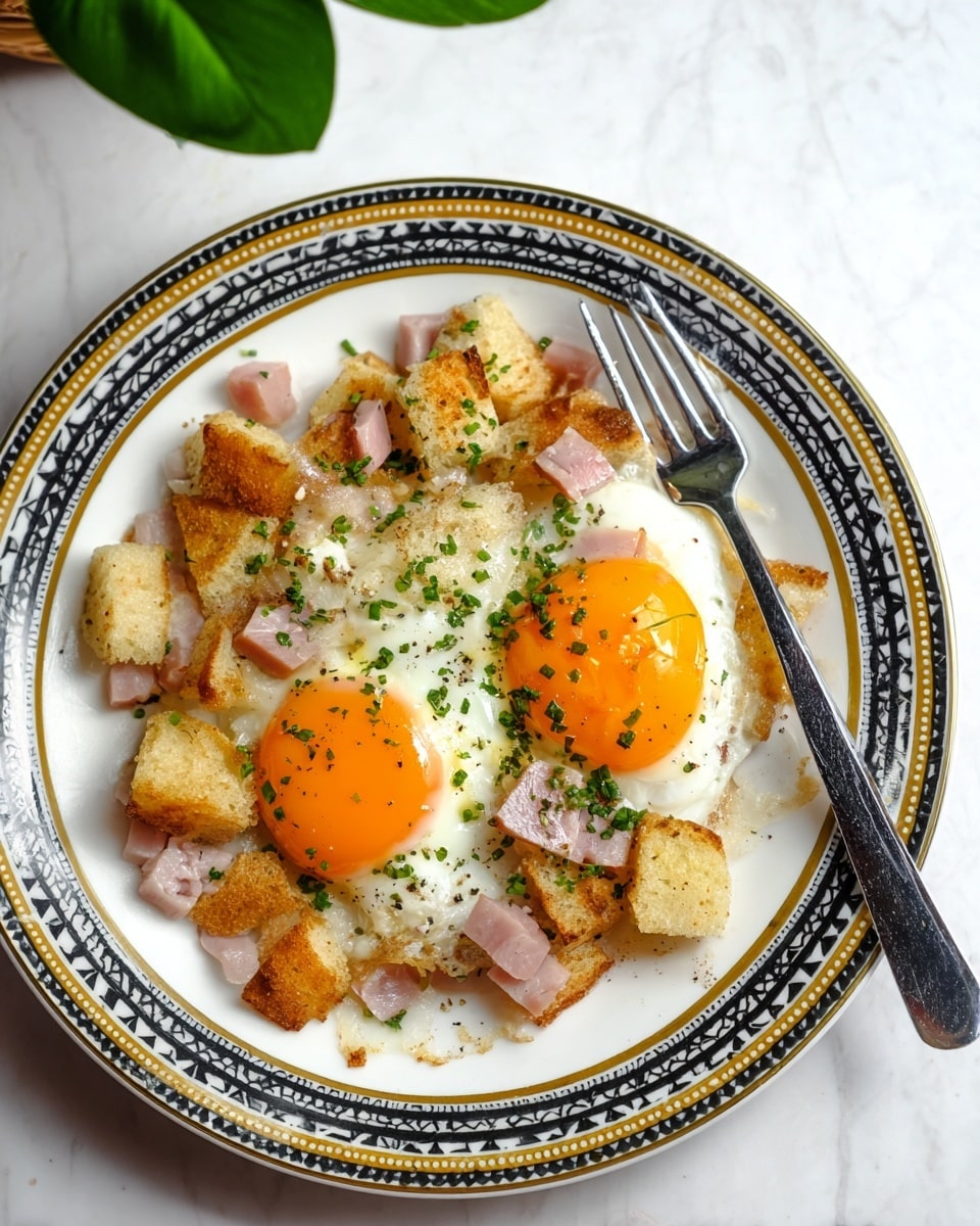 The dish shows two fried eggs with bright orange yolks placed side by side near the center of a white plate with a black, gold, and gray geometric border. Surrounding the eggs are golden-brown toasted bread cubes layered with small pieces of light pink ham scattered around. The eggs are sprinkled with finely chopped green herbs, adding a fresh contrast on top. A silver fork rests on the right side of the plate, which sits on a white marbled surface. A green leaf is partially visible at the top of the image. Photo taken with an iphone --ar 4:5 --v 7