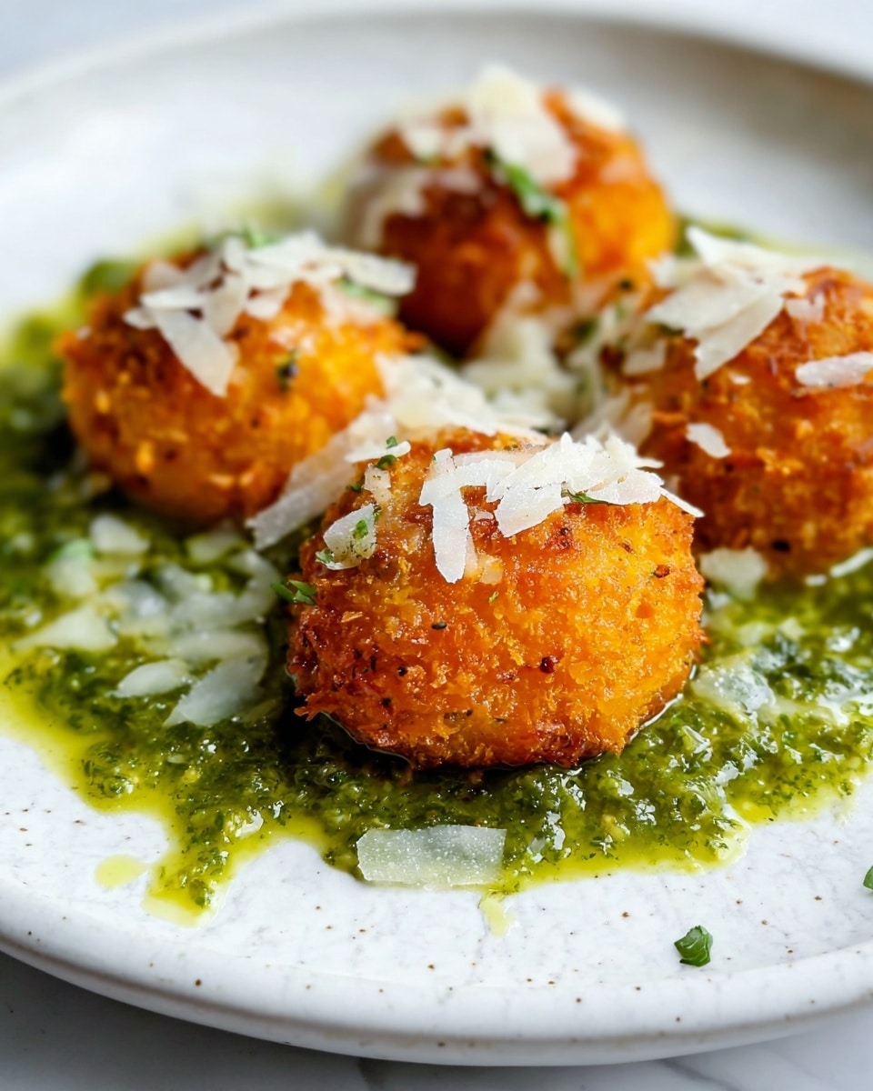 The dish shows round, golden-orange crispy balls with a rough crumb coating placed on a white plate with a white marbled textured background. Each ball is topped with fine white shavings, likely cheese, and specks of black pepper. Underneath and around the balls is a green sauce with a chunky texture, showing bits of herbs and small pieces, spread unevenly across the plate. The contrast between the bright orange balls and the vibrant green sauce is striking, and the overall look is fresh and appetizing. Photo taken with an iphone --ar 4:5 --v 7