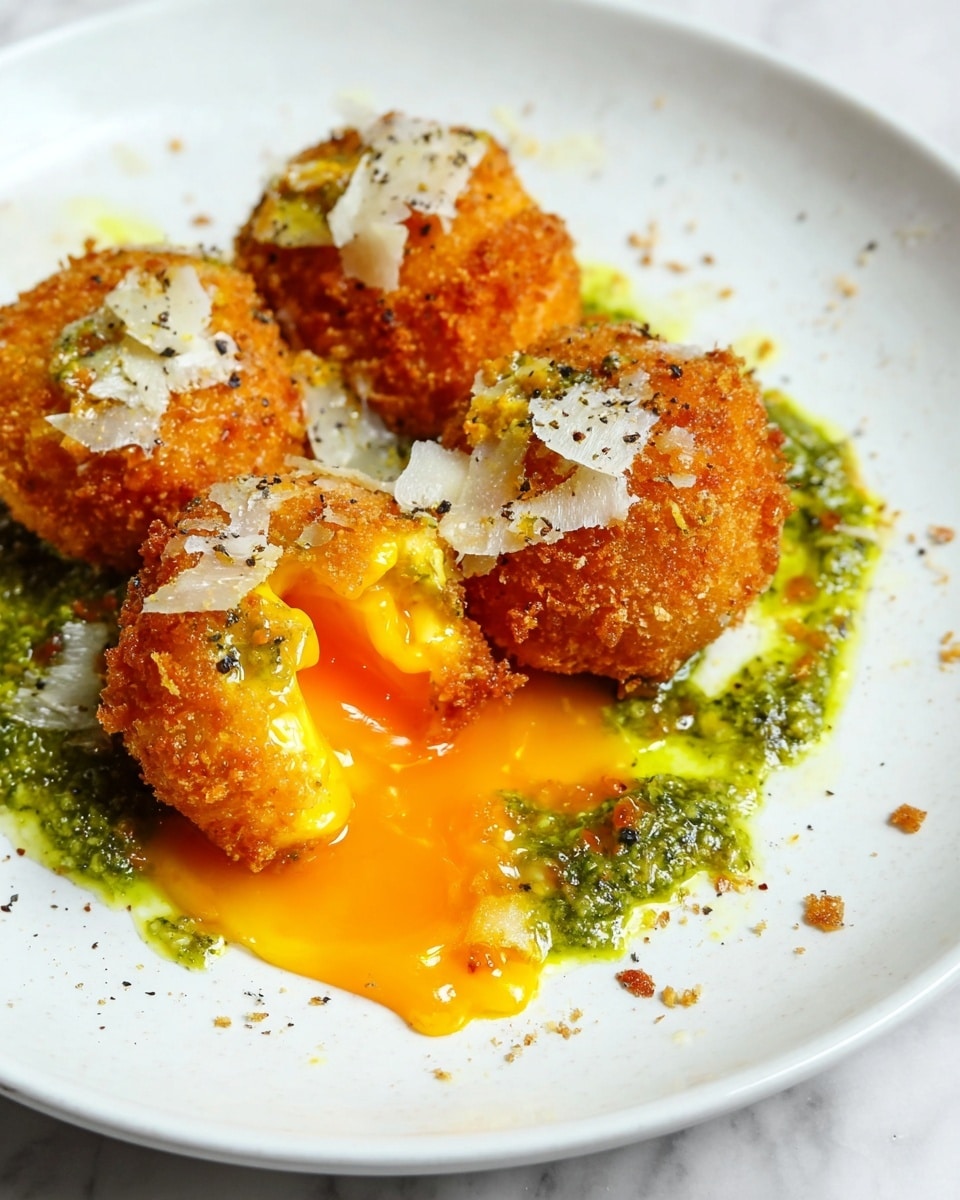The dish shows four round, crispy golden-brown croquettes with a crunchy texture sitting on a white plate. Each croquette has a topping of melted white cheese and some black pepper. One croquette in the front center is cut open, revealing a bright orange, soft, runny yolk spilling out over a bright green, chunky pesto-like sauce spread under and around the croquettes. The sauce has visible bits of herbs and garlic. The plate is on a white marbled surface. photo taken with an iphone --ar 4:5 --v 7