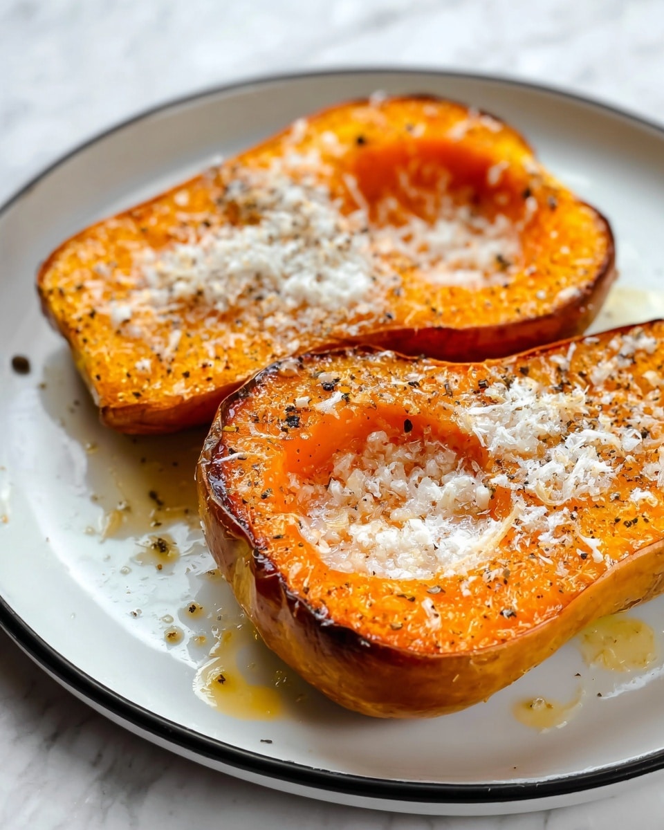 The image shows two pieces of roasted butternut squash slices placed on a white plate with a black rim, set on a white marbled surface. Each slice has a golden-brown, slightly crispy roasted outer edge. The top layer of each slice features a bright orange, round, soft squash centerpiece. Both slices are sprinkled with finely grated white cheese and small black pepper flakes, adding texture and contrast. There are a few slight drips of squash juice around the slices, blending with the white plate beneath. photo taken with an iphone --ar 4:5 --v 7