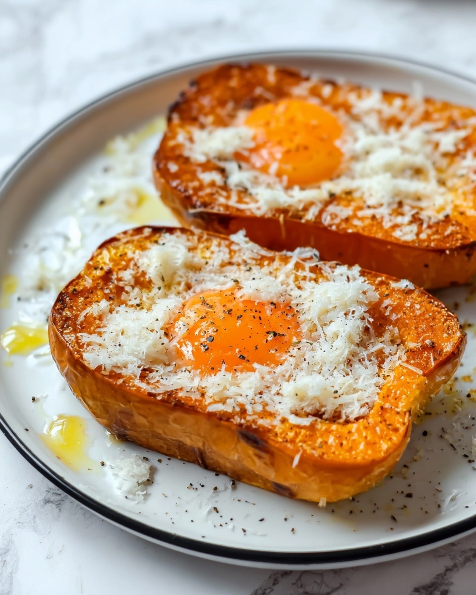 The image shows two slices of roasted butternut squash placed on a white plate with a black rim. Each slice is thick and has a golden-brown, slightly crispy surface. On top of each slice sits a glossy, bright orange egg yolk, perfectly round and slightly raised, topped with finely grated white cheese and sprinkled with black pepper. The plate rests on a white marbled surface, and some grated cheese and oil droplets are scattered around, adding texture and detail to the scene. photo taken with an iphone --ar 4:5 --v 7