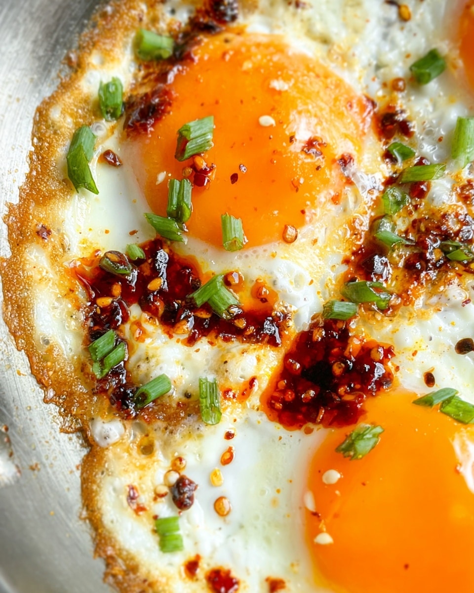 A close-up of two fried eggs cooked sunny side up in a shiny pan, with bright orange yolks sitting on a layer of white, slightly crispy egg whites. The eggs are topped with dark red chili oil droplets that have a glossy texture and some visible chili flakes, along with finely chopped fresh green onions scattered across the surface. The edges of the egg whites are golden brown and crispy, giving a textured contrast to the soft yolks and smooth egg whites. photo taken with an iphone --ar 4:5 --v 7