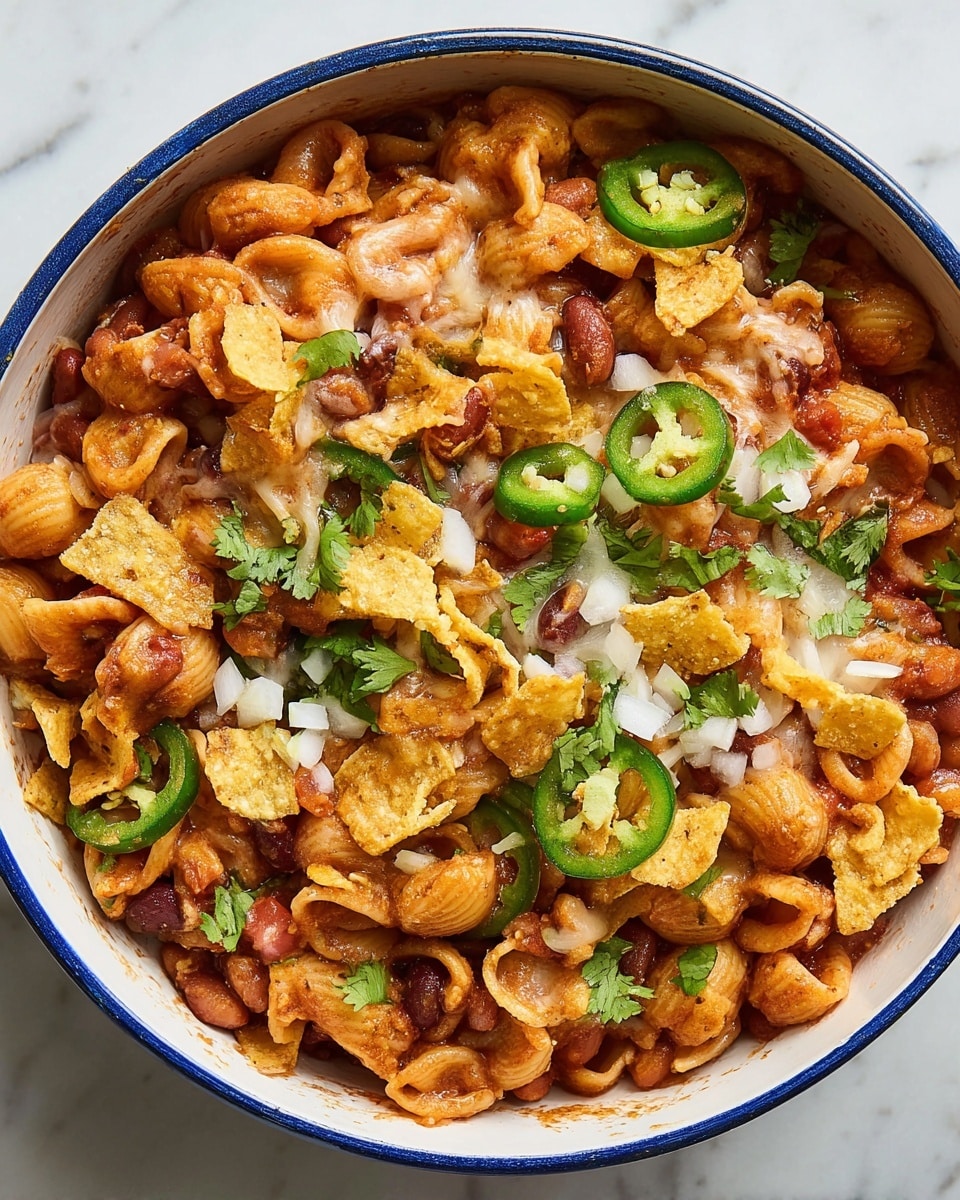 The dish is a close-up of a white bowl filled with pasta coated in a reddish sauce, mixed with light brown beans and bits of tomatoes. On top, there are chopped white onions and green slices of jalapeño peppers evenly spread around. Light green cilantro leaves are scattered across, and crunchy crushed yellow tortilla chips add contrast. Patches of melted white cheese are seen melted on the pasta and toppings, making the dish look rich and textured. The bowl has a slightly blue rim and is set on a white marbled surface. photo taken with an iphone --ar 4:5 --v 7