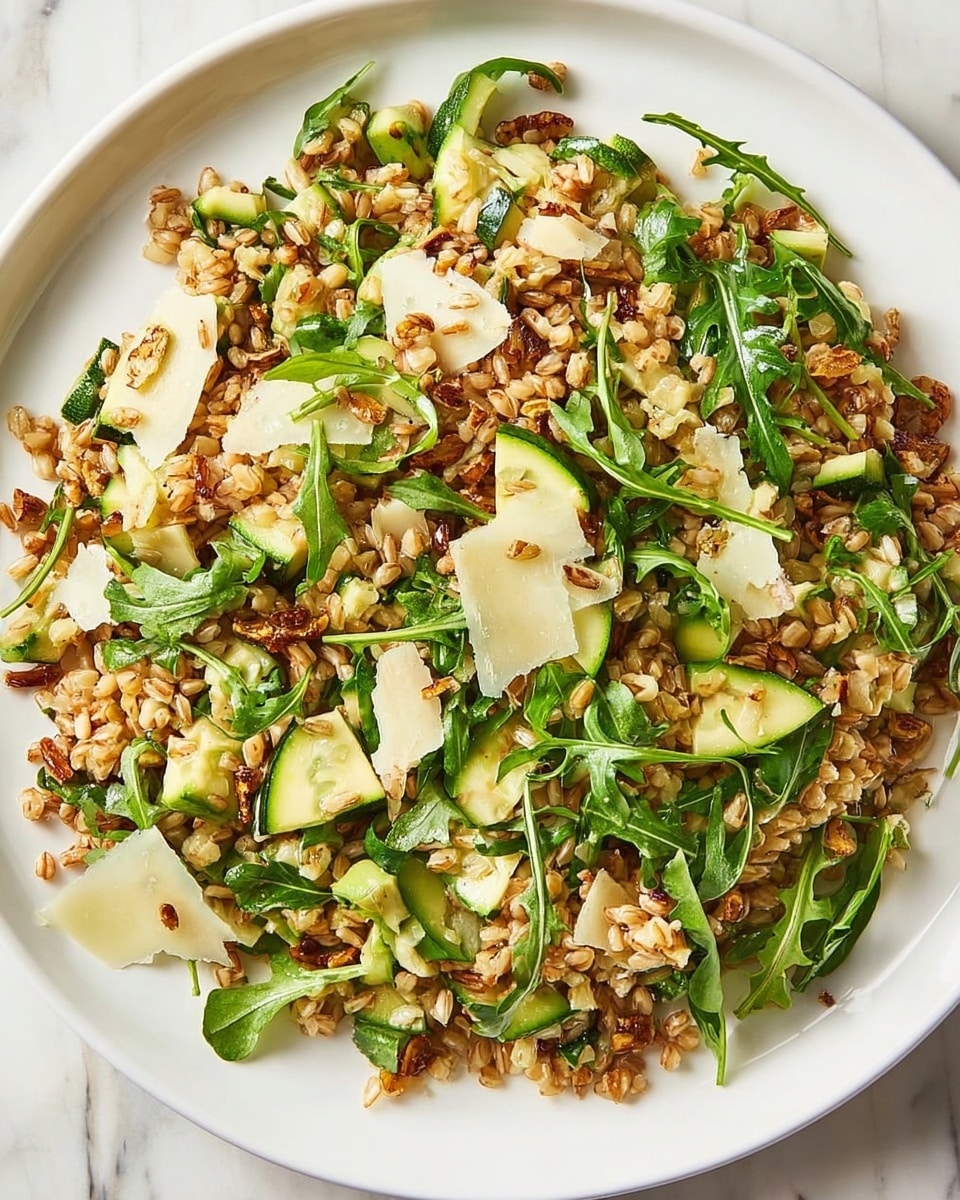 The dish is a mixed grain salad served on a white plate on a white marbled surface. The base layer has light brown cooked farro grains, scattered evenly across the plate. Mixed within the grains are bright green arugula leaves, adding a fresh texture. Small cubes of green apple are visible, with their pale green skin providing contrast. Dark brown toasted nuts and dried cranberries are spread throughout, adding depth and color. Thin slices of translucent Parmesan cheese are tucked between the grains and greens, giving a creamy touch. Photo taken with an iphone --ar 4:5 --v 7