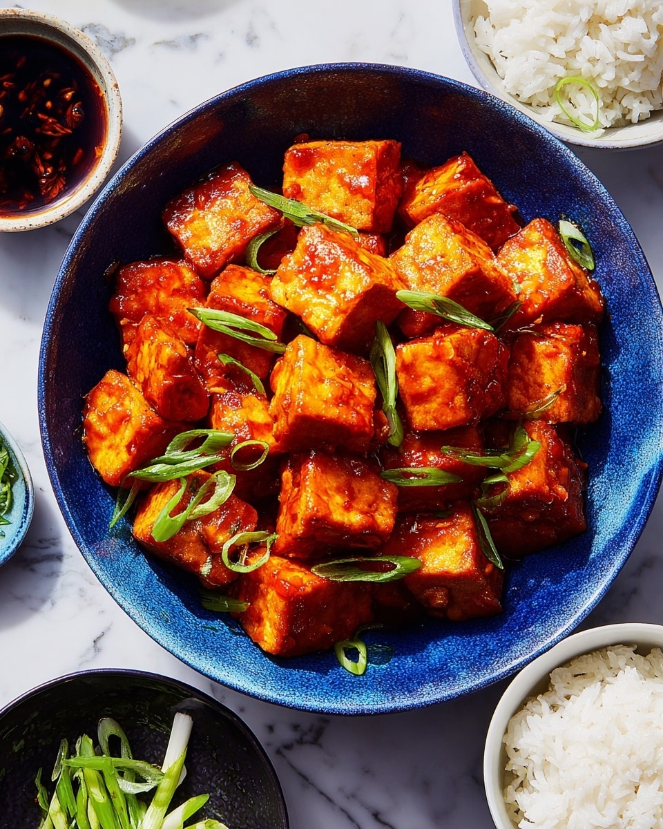 A deep blue bowl filled with golden-brown tofu cubes coated in a shiny, reddish-orange sauce. The tofu pieces are evenly sized, stacked close together with a slightly crispy texture. Bright green slices of scallion are scattered on top and around the tofu for a fresh contrast. To the side, a black bowl holds white rice with a fluffy texture. The background is a white marbled surface, with a white bowl of dark sauce and small white dish of extra scallions nearby. Photo taken with an iphone --ar 4:5 --v 7